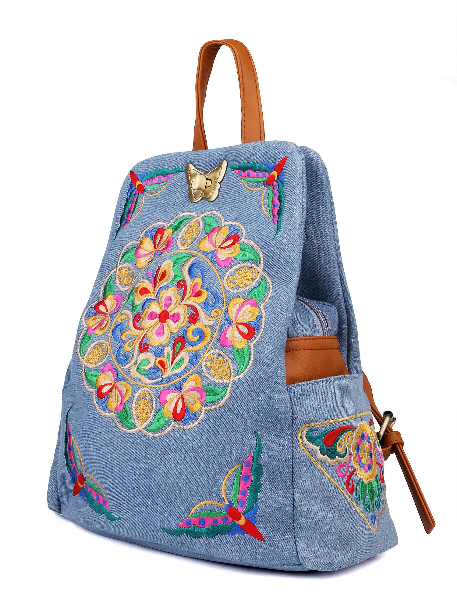 Jursccu Women's Denim Embroidered Floral Canvas Backpack - Anti-Theft Retro Jeans Travel Bag with Ethnic Style - Perfect for School, Work, Travel & Daily Use