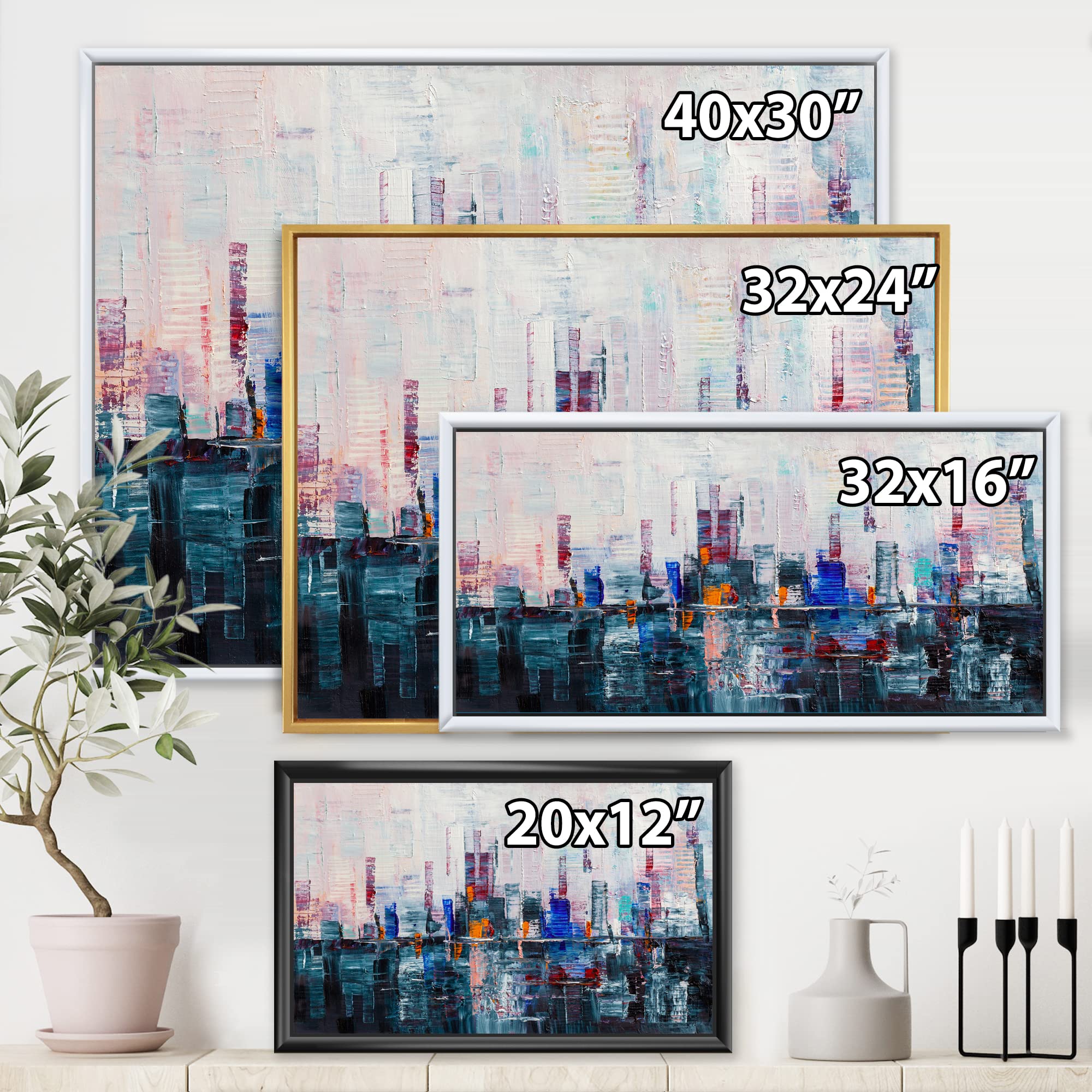 DesignQ Modern Abstract City Skyline Framed Canvas Wall Art Print - Urban Office & Home Decor for Living Room, Bedroom, or Office
