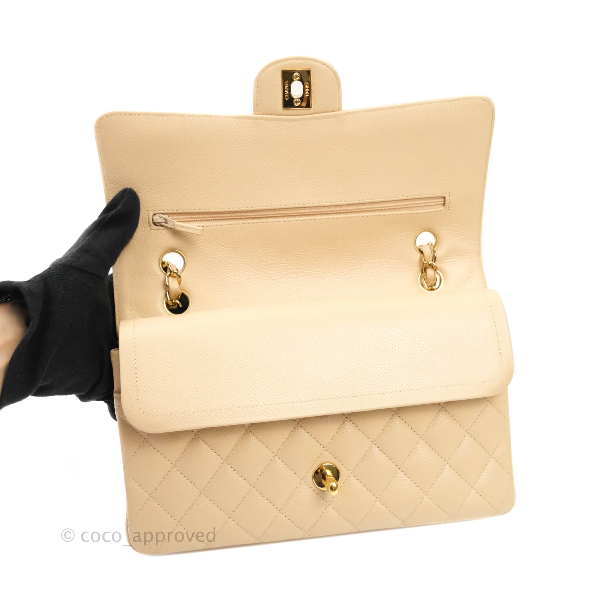 Chanel Classic M/L Medium Double Flap Bag in Beige Caviar Leather with Gold Hardware - Luxury Handbag for Women, Perfect for Work, Date Night & Special Occasions