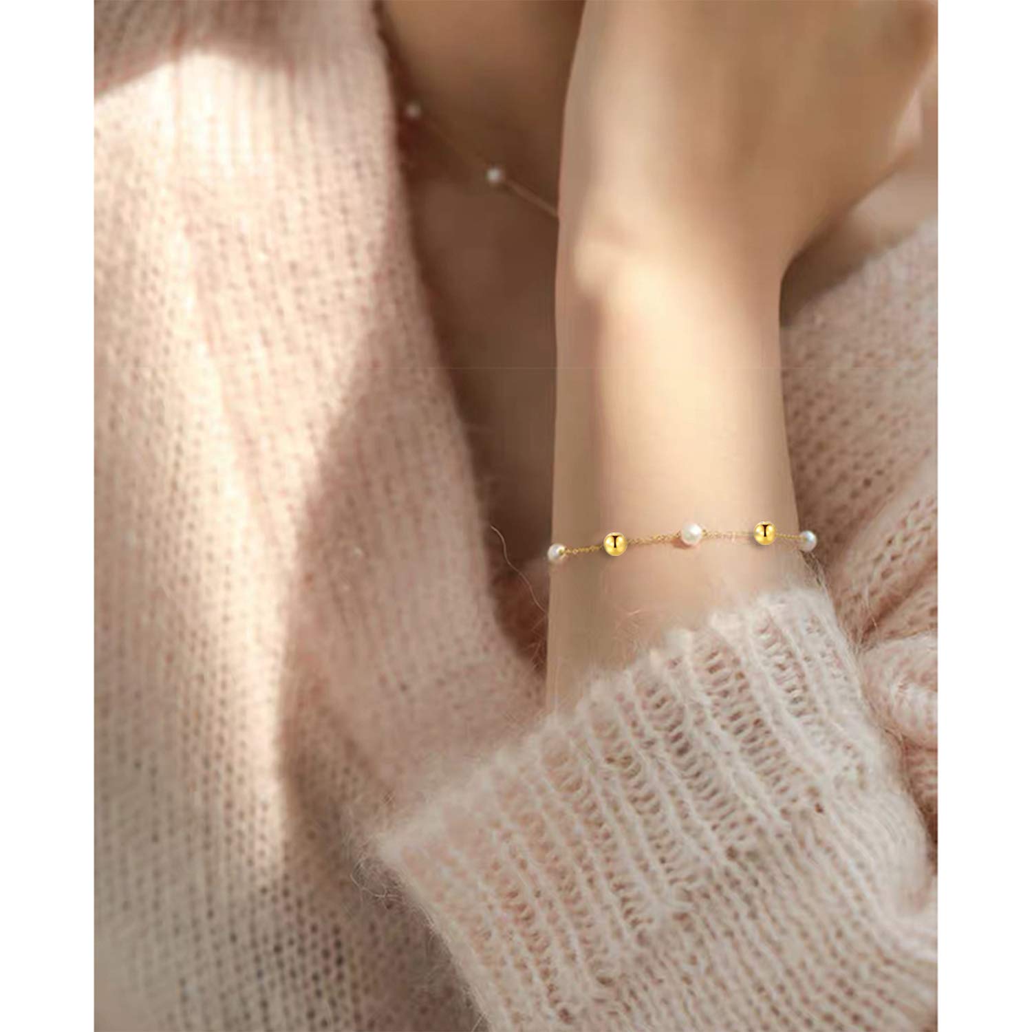 14K Solid Gold Pearl Bracelet for Women - Freshwater Cultured Pearls, Dainty Tin Cup Link Chain Jewelry | Elegant Gift for Mom, Wife, Anniversary | Perfect for Weddings, Parties & Special Occasions (6.5''+1''+1'', 3.0mm Gold Bead)