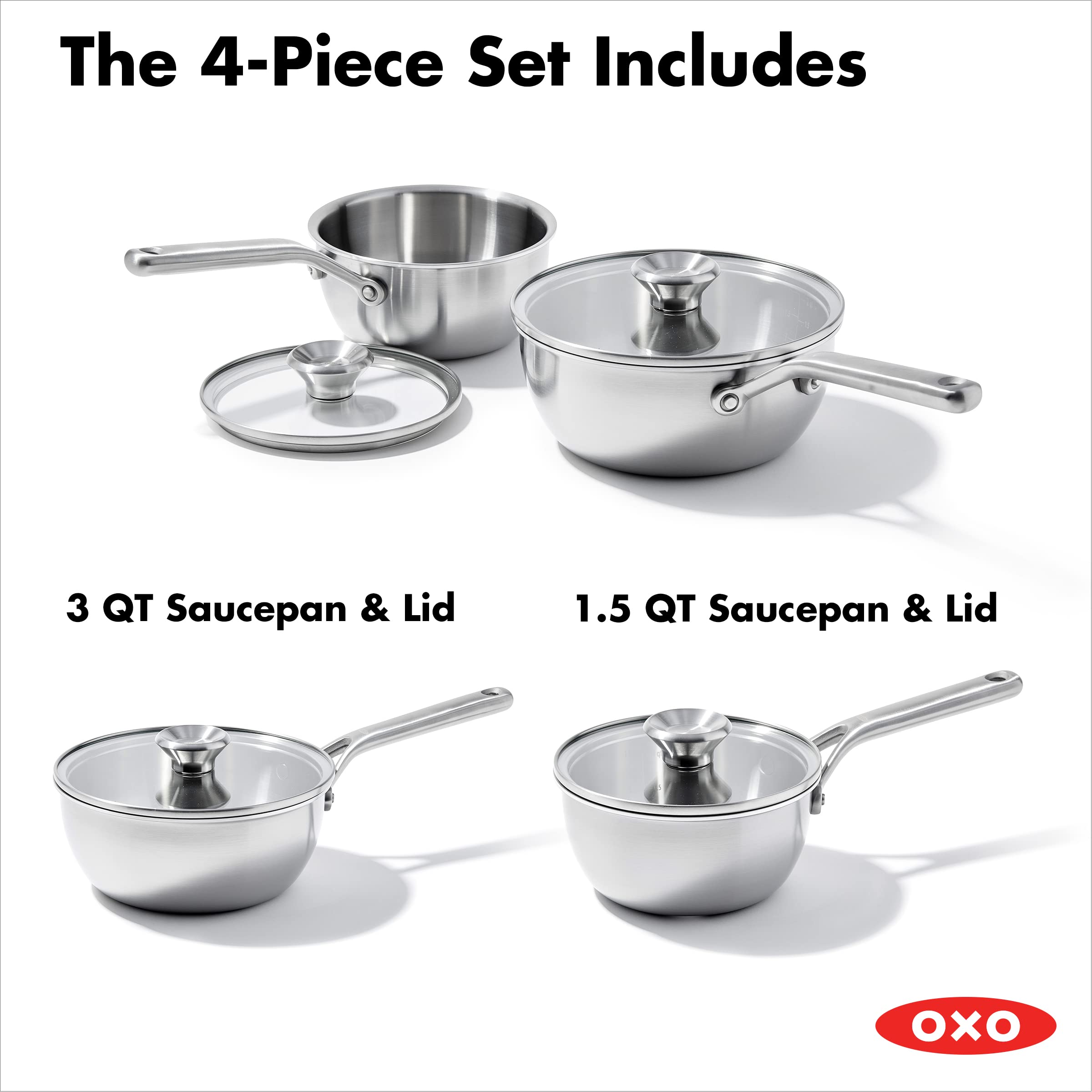 OXO Mira Tri-Ply Stainless Steel Cookware Set - 1.5QT & 3.57QT Chef Pans with Lids | PFAS-Free, Multi-Clad, Induction Compatible, Dishwasher & Oven Safe (Silver) | Perfect for Sautéing, Simmering & Everyday Cooking