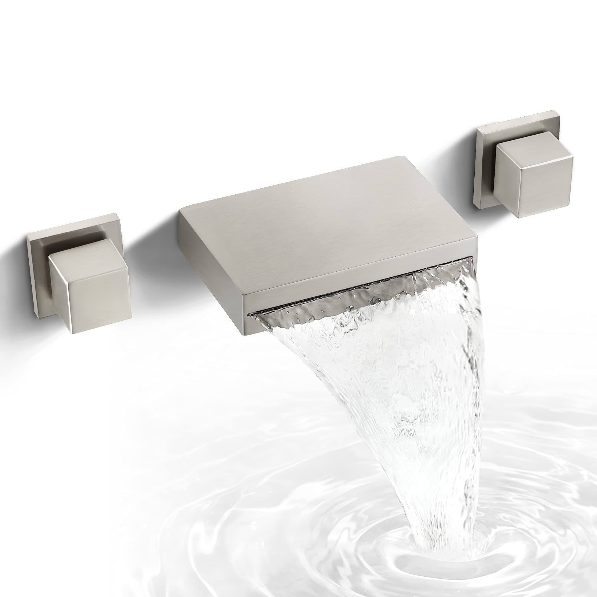 Wall Mounted 2 Handle Waterfall Bathroom Sink Faucet - Brushed Nickel Vessel Faucet for Vanity & Lavatory | Modern Bathroom Upgrade by Dr.Faucet | Perfect for Small Bathrooms & Vessel Sinks