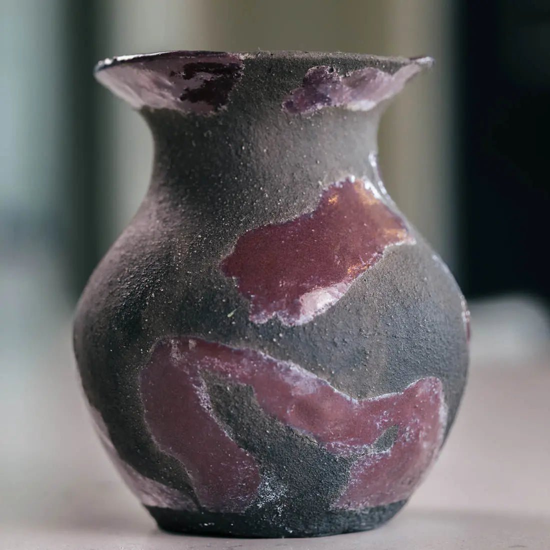 Small Decorative Boiled Raku Pot - Charcoal & Dark Purple Glaze - Handcrafted Ceramic Tea Cup for Japanese Tea Ceremony & Home Decor (Creative Collection)