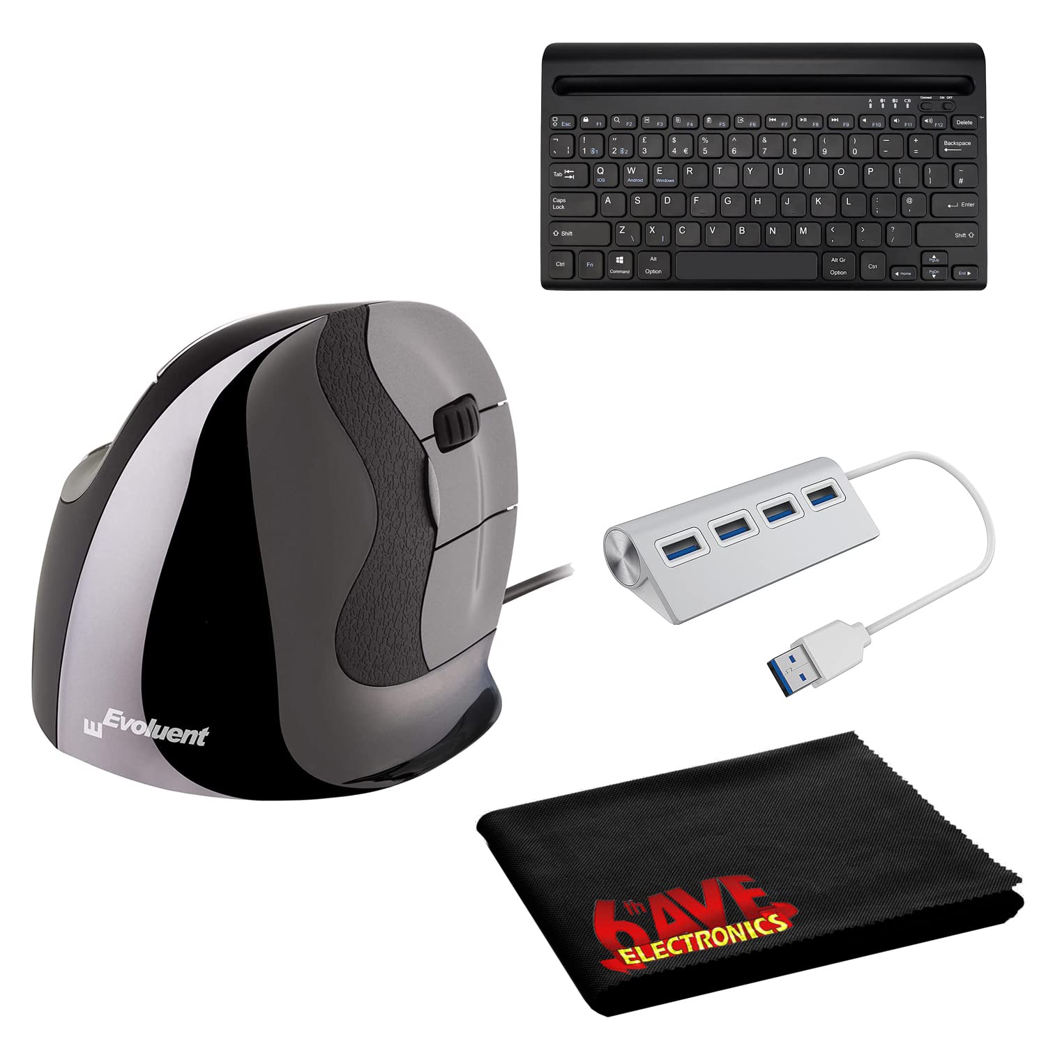 Evoluent VMDS Vertical Ergonomic Mouse Right Hand (Wired) + Wireless Bluetooth Keyboard + USB-C Dock + Microfiber Cleaning Cloth (Premium Office Bundle) - Perfect for Home Office, Gaming & Computer Workstations