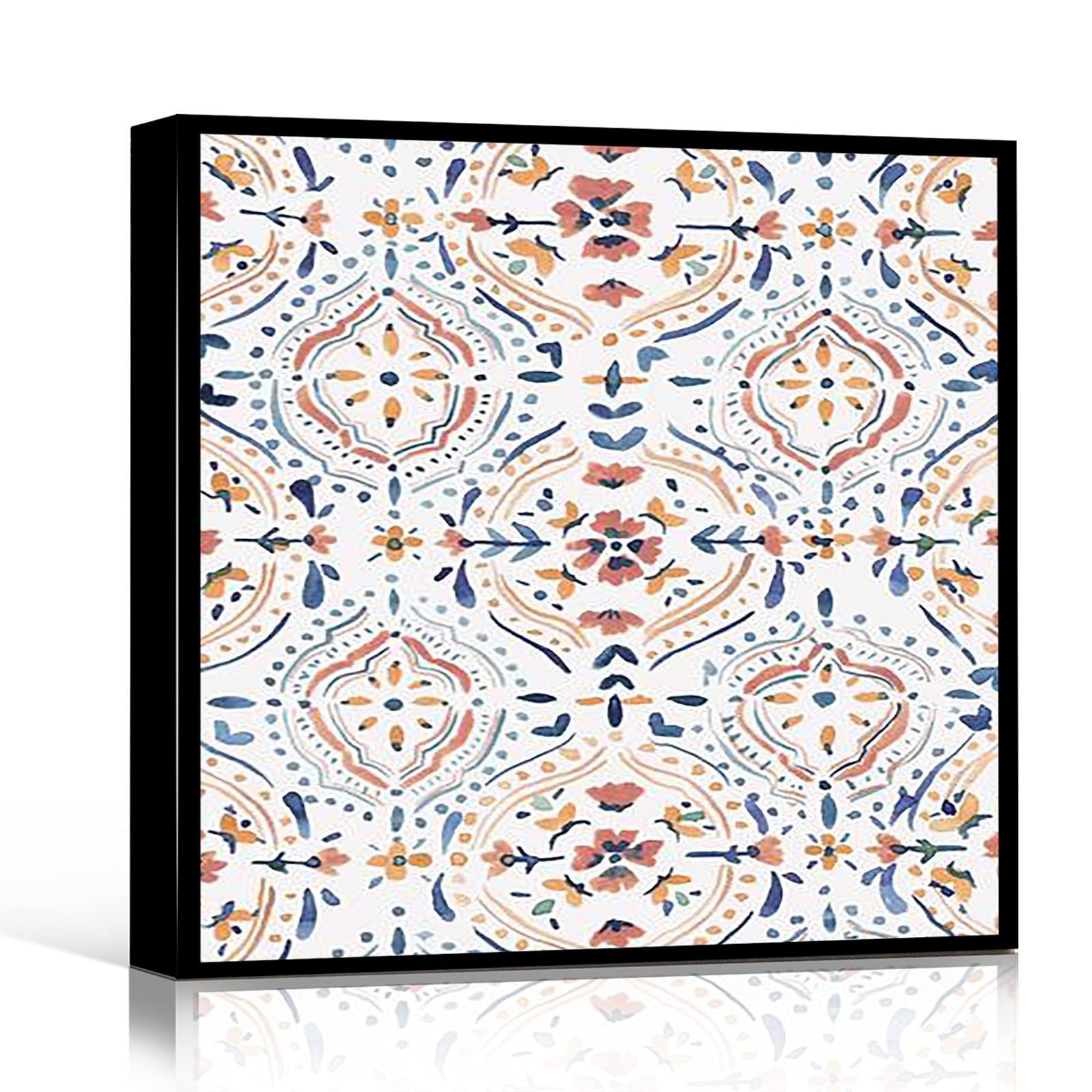 Moroccan Tiles Art Print - 16x16 Inch Framed Canvas Wall Decor with Boho Mosaic Pattern, Rustic Dining Room & Kids Room Decor, Gouache Painting for Bohemian Home or Office Interior Design