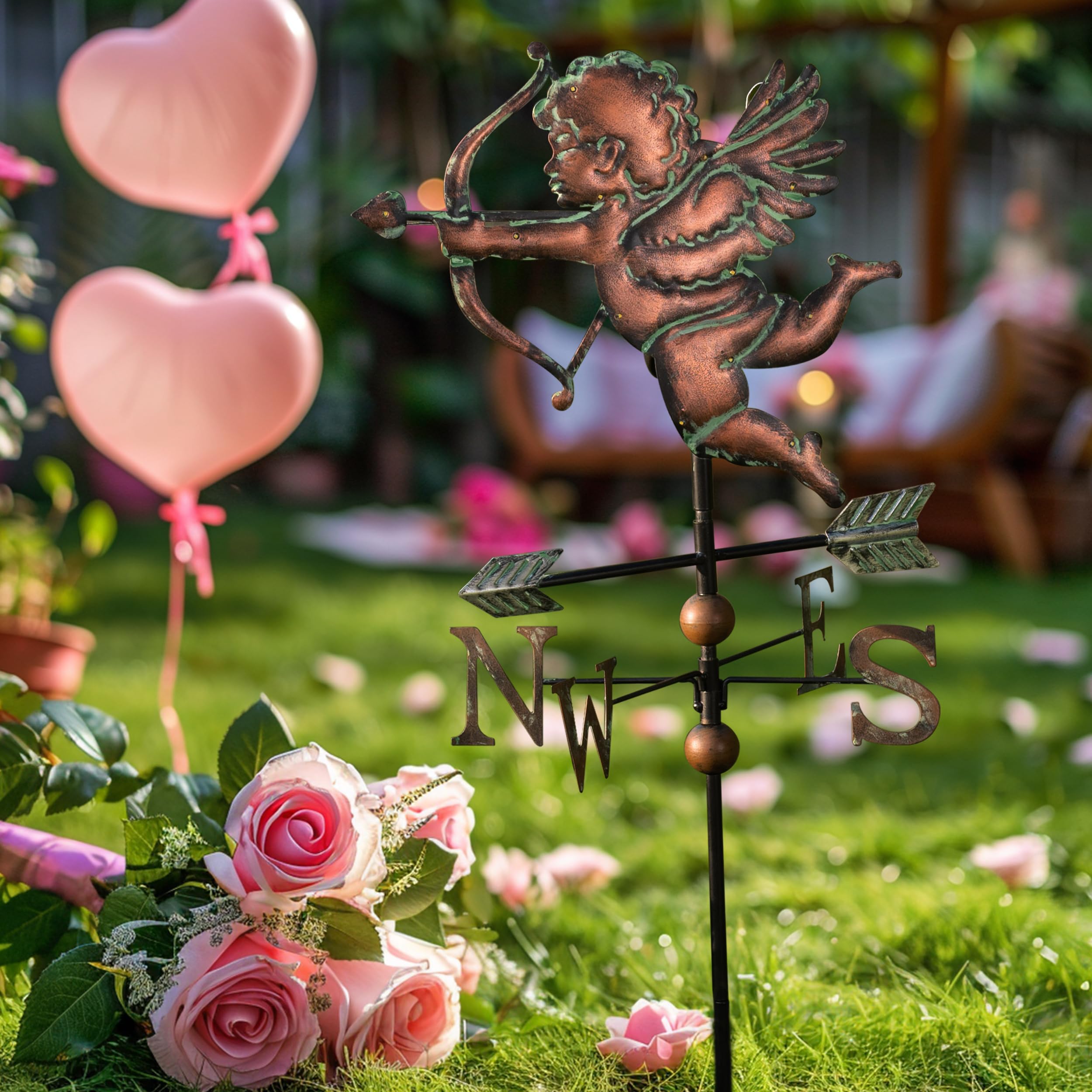 Valentine's Day Outdoor Decorations - Solar Powered Metal Weathervane Garden Stake with Cupid Design, 34 Inch Yard Art for Porch, Patio & Garden - Perfect Romantic Gift for Home & Valentine's Decor