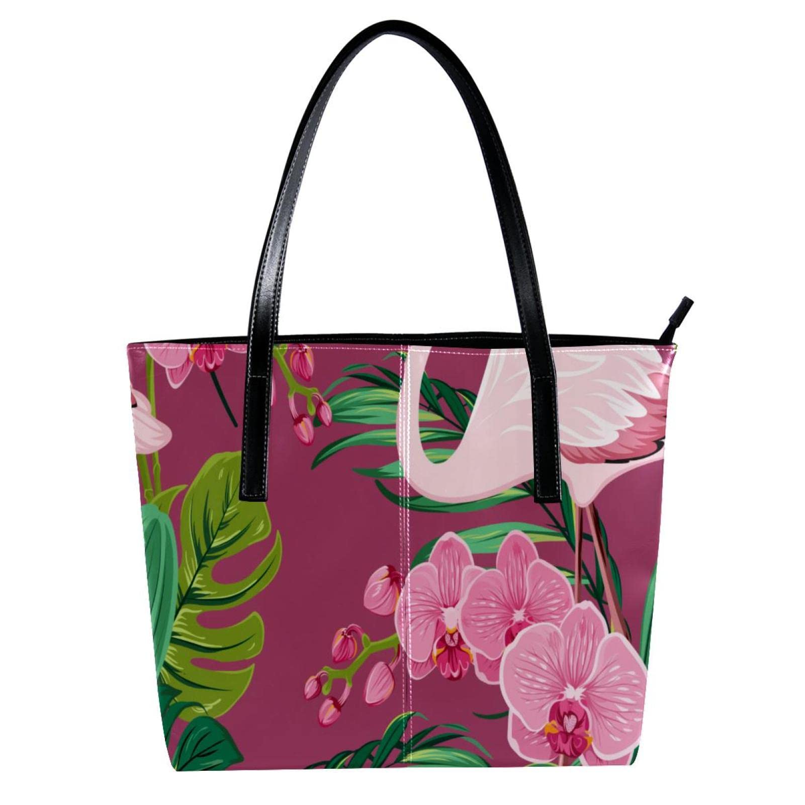 Stylish Women's Tote Bag - Waterproof Beach Bag with Zipper, Pink Phalaenopsis Tropical Flamingo Print - Perfect for Work, Travel & Shopping (Laptop & Shoulder Bag)