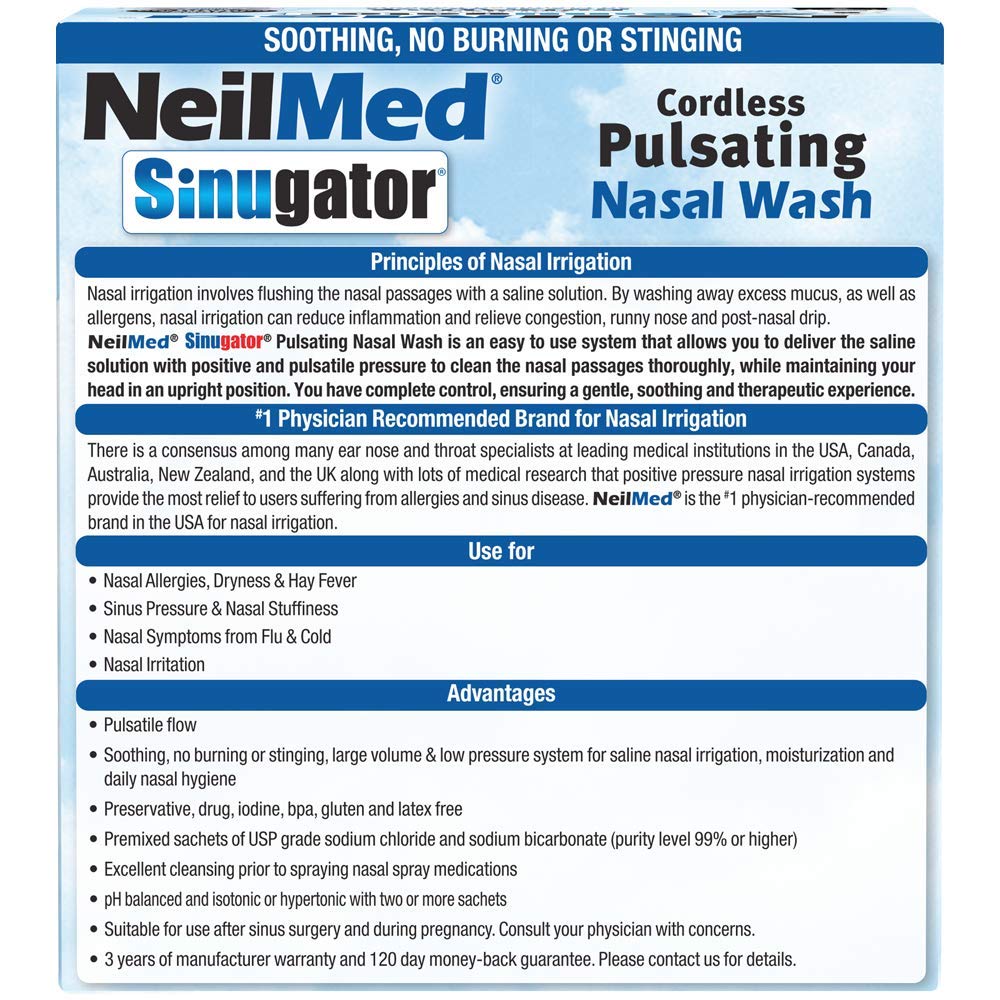 NeilMed Sinugator Cordless Pulsating Nasal Irrigator - Dual Speed Nasal Wash System with 30 Premixed Salt Packets & 3 AA Batteries (Black) | For Sinus Relief, Allergy & Cold Symptoms, Nasal Congestion Care at Home or Travel