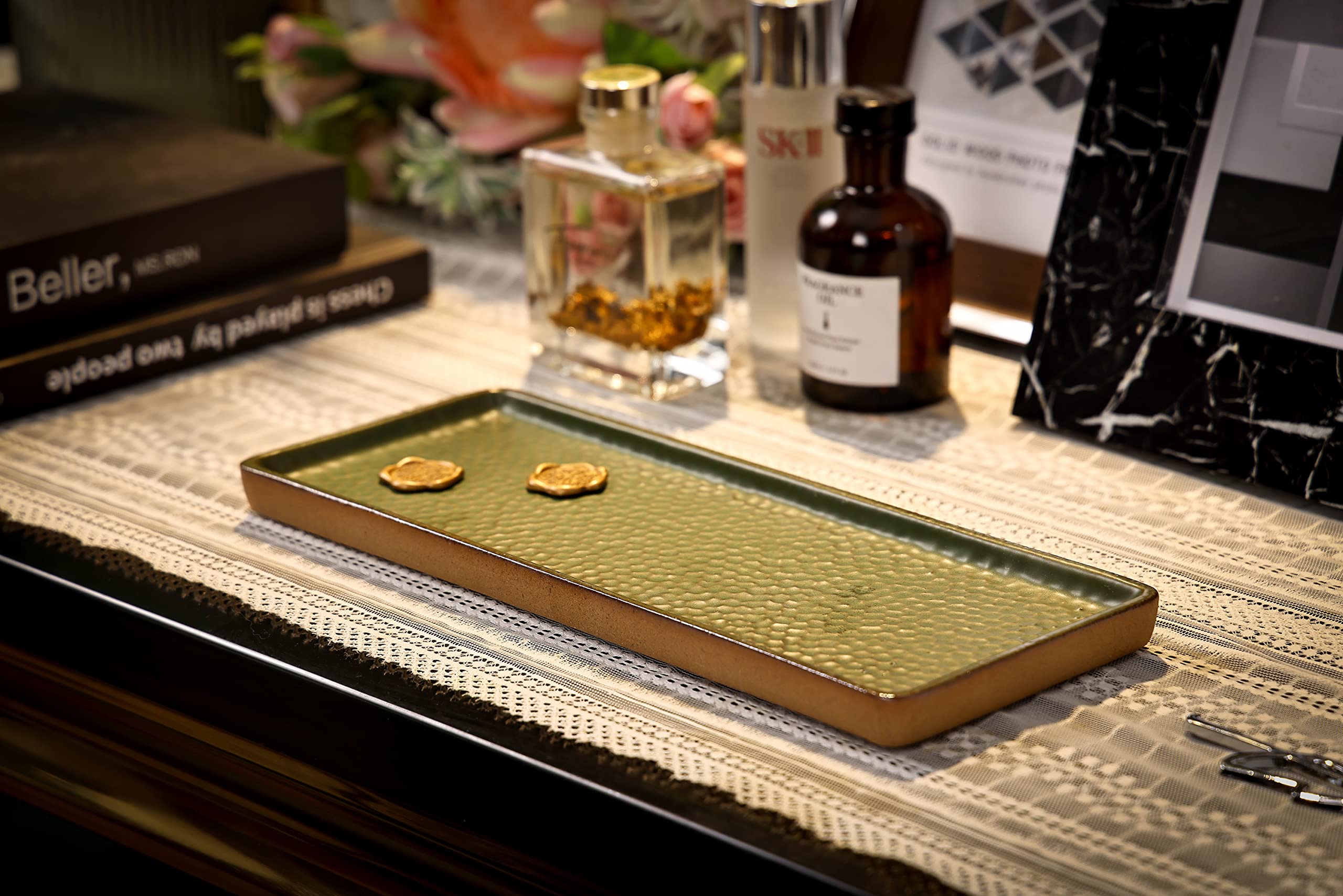 Vanity Tray with Brown Trim - Decorative Candle & Perfume Organizer for Bathroom Countertop, Dresser or Table - 12