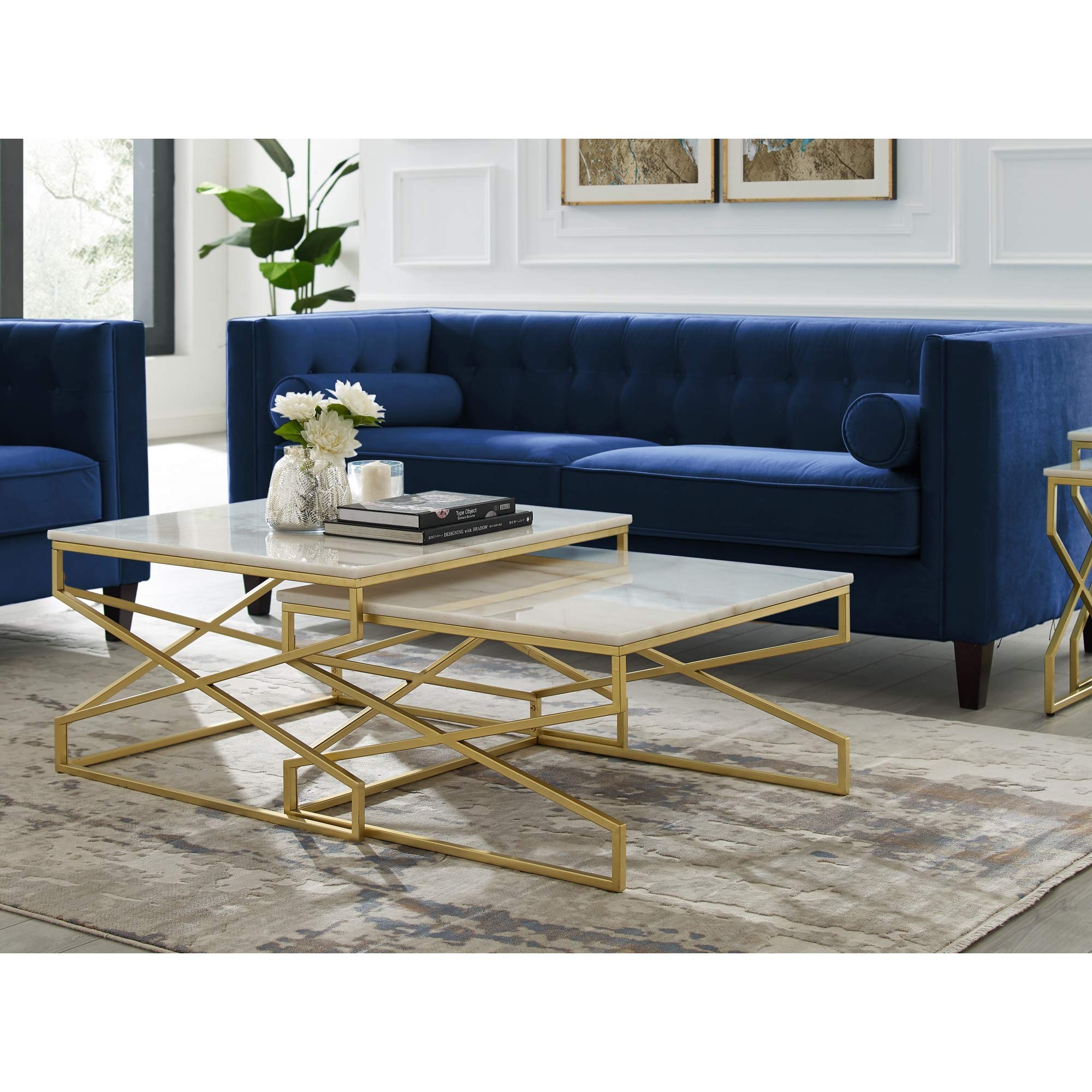 Inspired Home Gold Coffee Table Set of 2 - Malou Design with Natural Marble Top & Stackable Metal X-Cross Legs | Perfect for Living Room, Office, or Lounge Decor