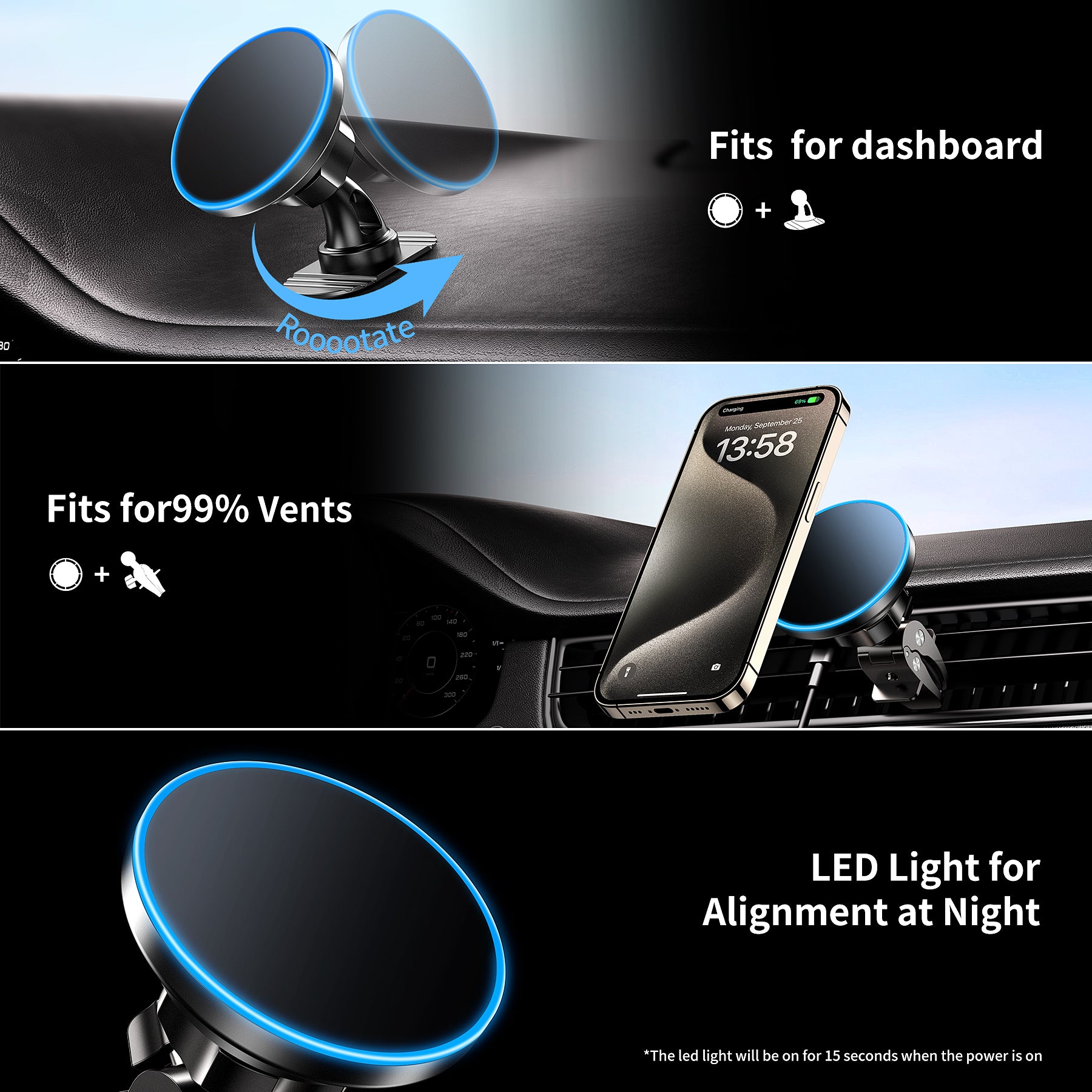 Mag Car Wireless Charger - 15W Fast Qi Charging for iPhone 12/13/14/15, Magnetic Phone Holder for Car Dashboard & Air Vent - Perfect for Commuting & Road Trips