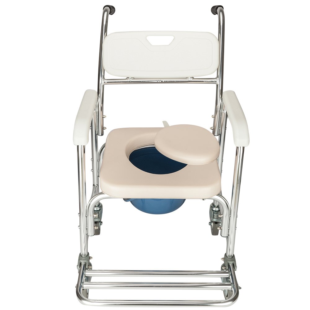4-in-1 Aluminum Shower Chair with Flip-Up Footrests & Wheels - Lightweight Mobility Shower Seat for Elderly & Disabled - Ideal for Bathroom Safety & Assisted Living
