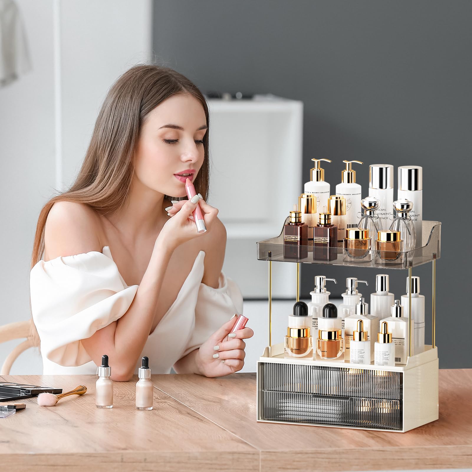 2-Tier 2-Drawer Bathroom Countertop Organizer | Multi-Purpose Makeup Storage Rack for Vanity & Cosmetic Counter | Space-Saving Grey Organizer for Bathroom, Bedroom & Dressing Table