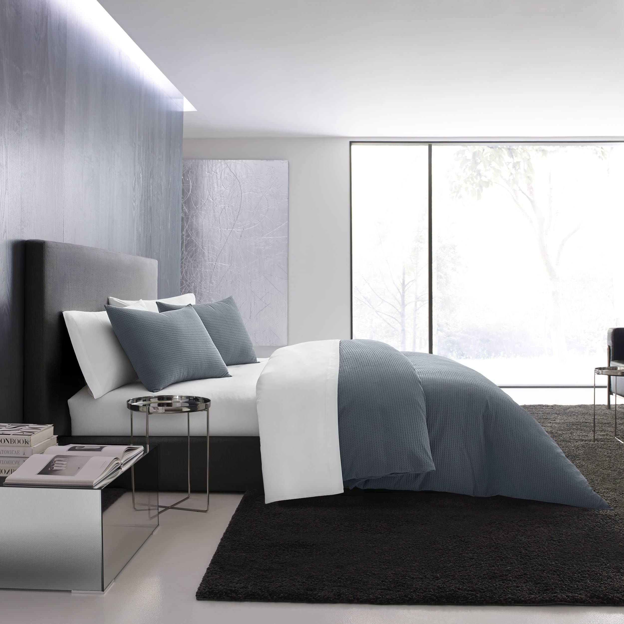 Vera Wang King Duvet Cover Set - 100% Soft Cotton Luxury Bedding with Matching Shams, Button Closure, Waffle Pique Midnight Design | Elegant Bedroom Decor for Master Suite, Guest Room & Hotel Style Upgrade