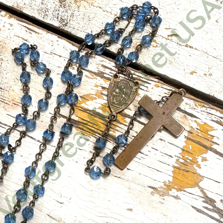 Vintage Brass Blue Glass Beaded Rosary - Smooth Wear Religious Jewelry for Prayer, Meditation & Catholic Devotion | Perfect Gift for Baptism, First Communion & Spiritual Protection