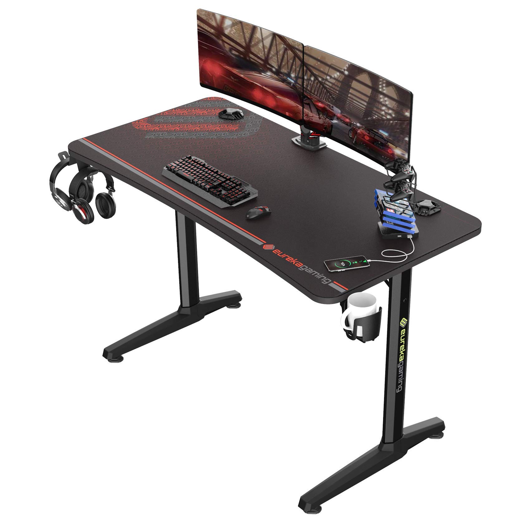 EUREKA ERGONOMIC 47 Inch Gaming Desk with Full Mouse Pad - Ergonomic T-Shaped Computer Desk for PC & Console Gamers | Curved Design with Cup Holder, Headphone Hook & USB Charging Ports | Perfect for Streaming, Esports & Home Office (Black)