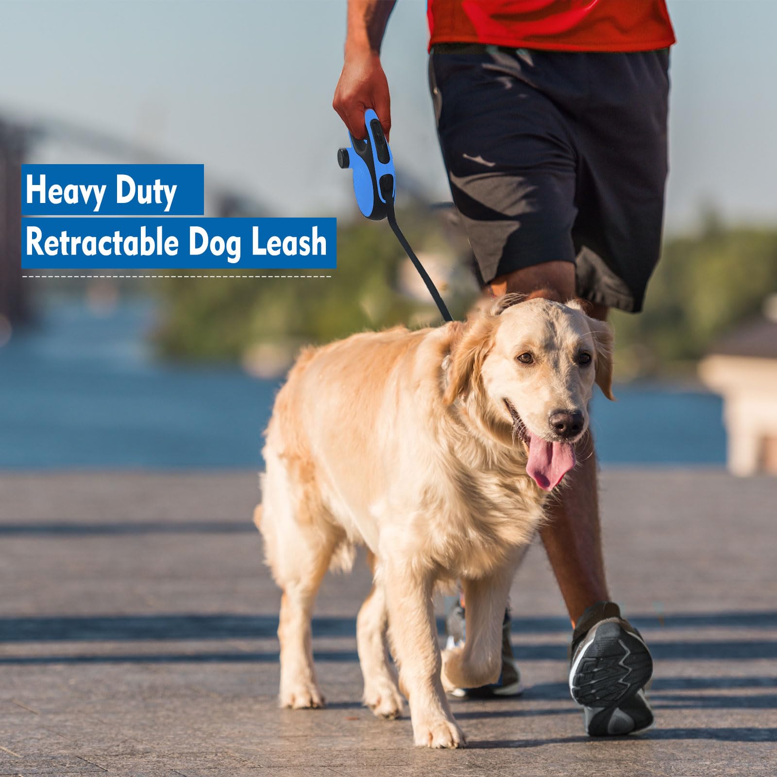 26Ft Retractable Dog Leash with Chew Proof Cable - Heavy Duty Nylon Tape Leash for Medium to Large Dogs up to 110lbs - Tangle-Free Design with One-Handed Brake & Removable Poop Bag Dispenser - Perfect for Walking, Running, Hiking and Outdoor Adventures (Blue)