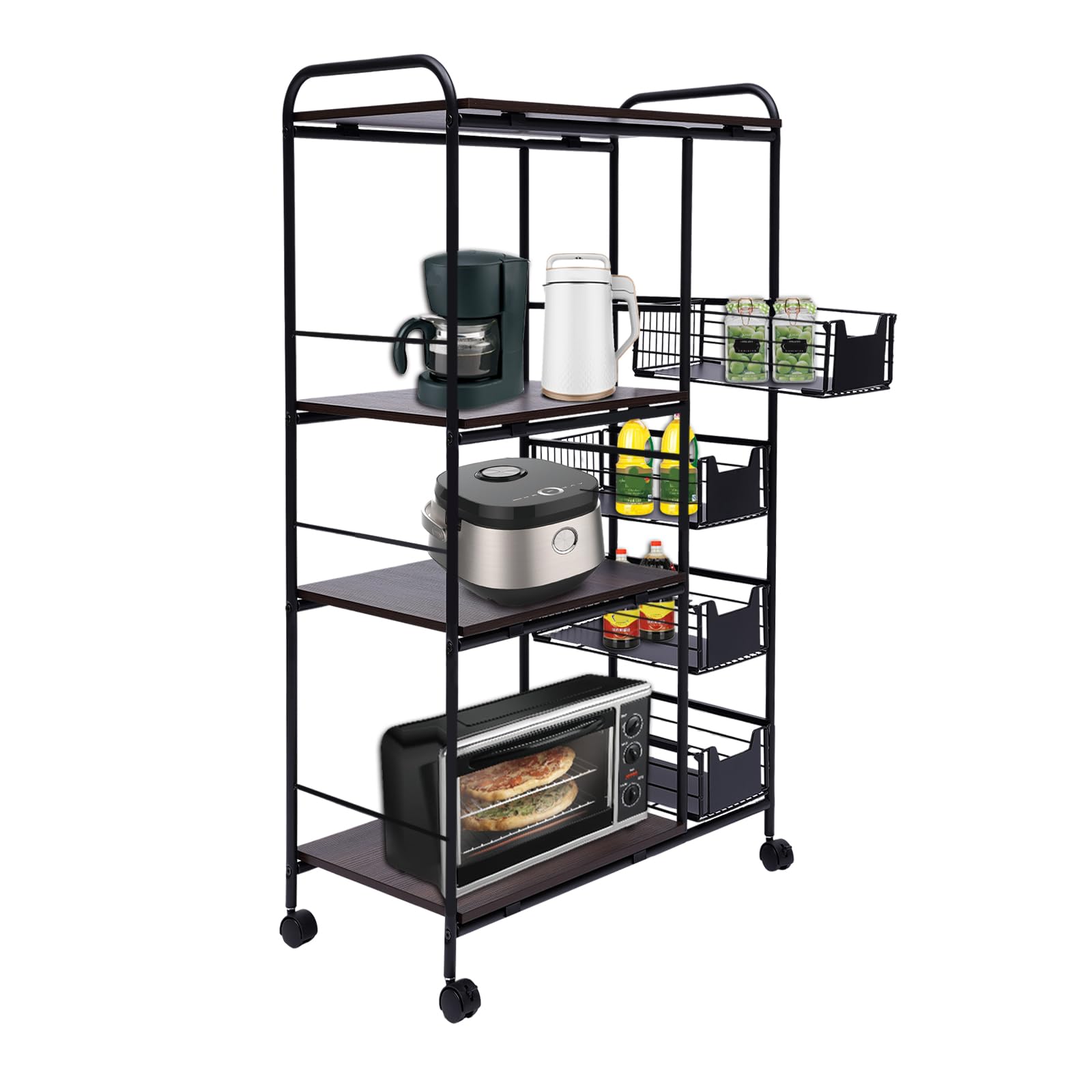 4-Tier Rolling Kitchen Storage Shelf with 4 Push-Pull Drawers & Wheels - Metal Utility Cart for Fruits, Vegetables & Home Organization - Perfect for Pantry, Supermarket & Restaurant Storage