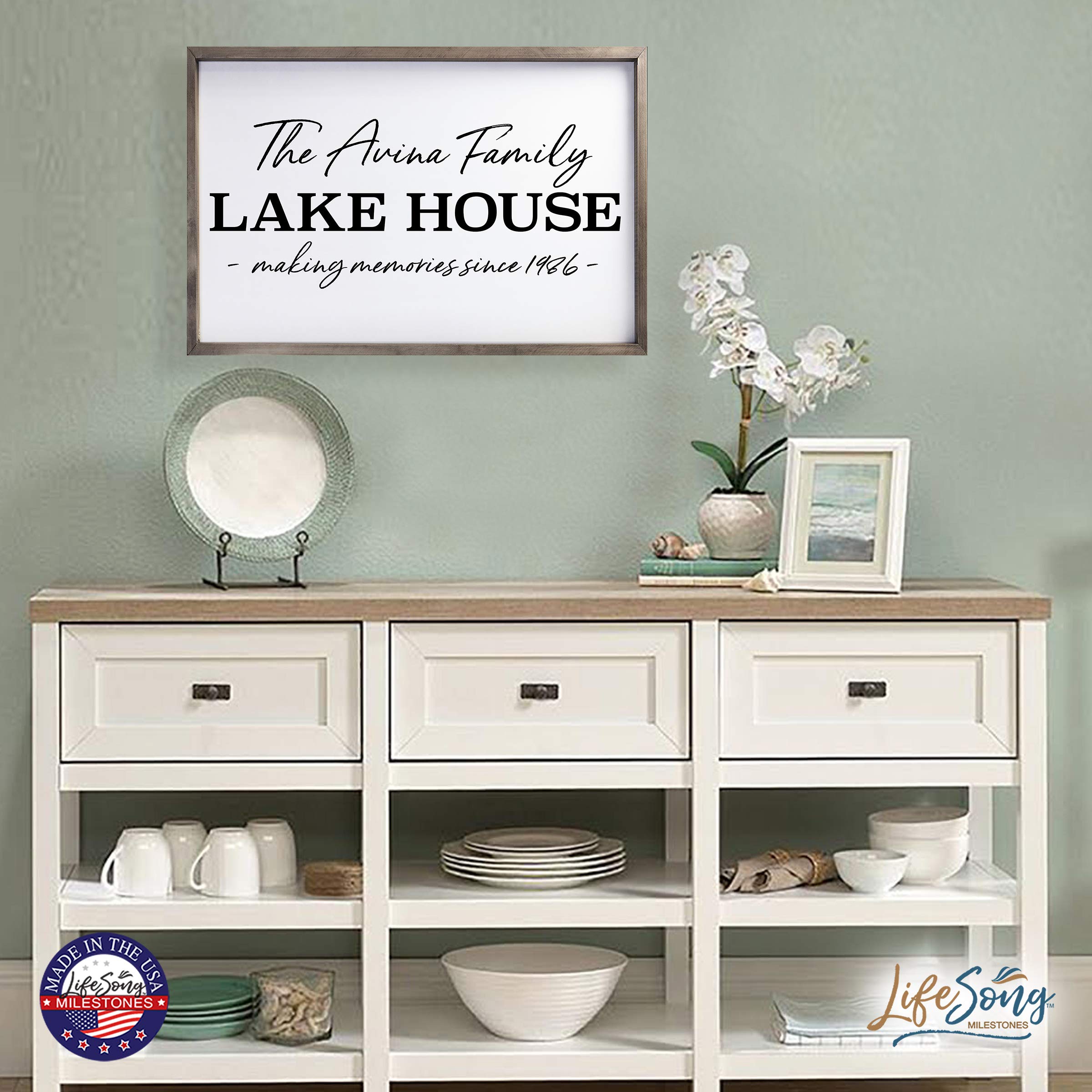 LifeSong Milestones Personalized Framed Shadow Box - Lake House Memory Keepsake Gift for Parents, Couples, Husband & Wife - 25x36 Gray Wall Decor for Home, Housewarming, Table & Shelf Display - Perfect for Anniversaries, Weddings & Family Memories