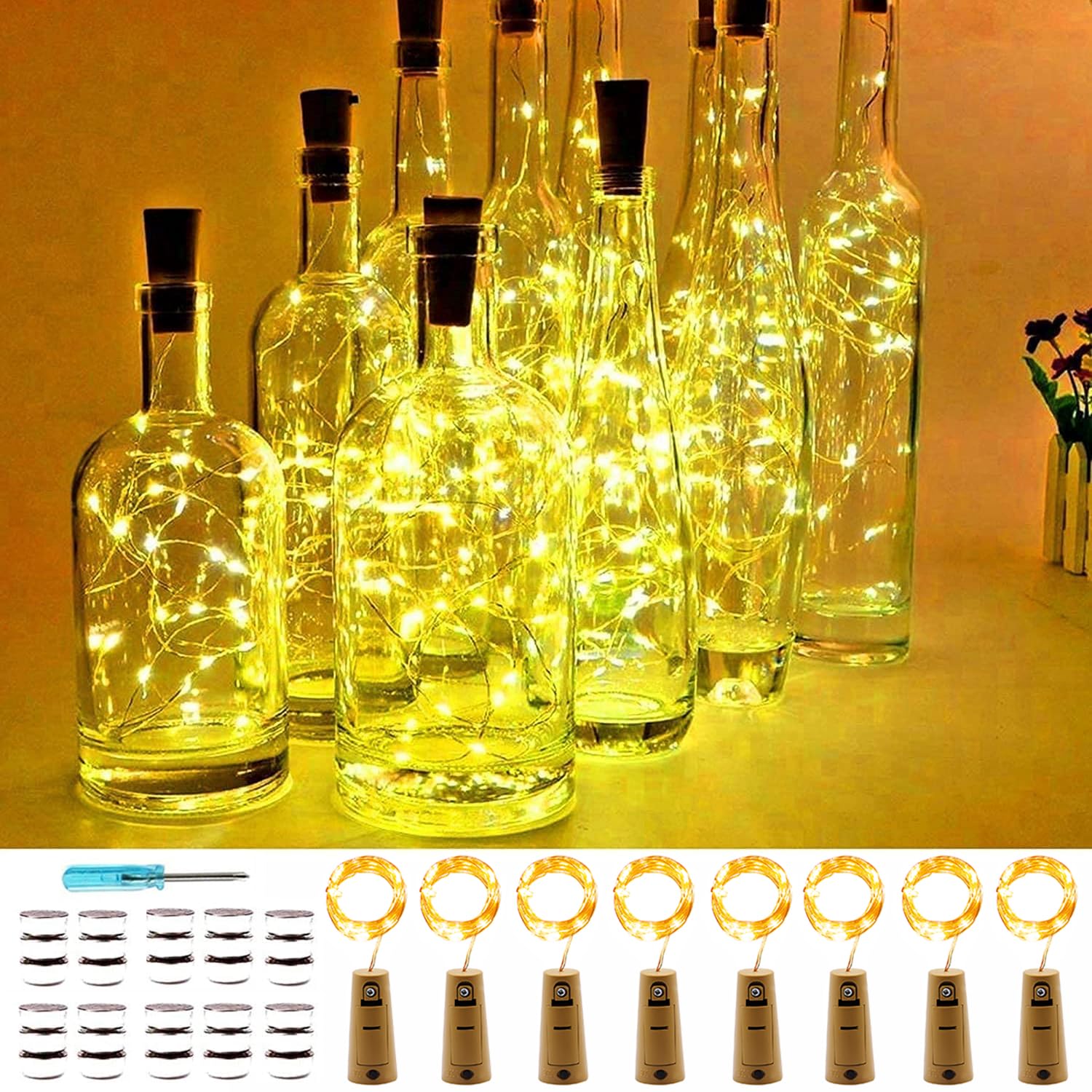 VOOKRY 8 Pack Wine Bottle Lights with Cork - 20 LED Battery Operated Fairy String Lights for DIY, Party Decor, Christmas, Thanksgiving, Wedding (Warm White) - Perfect for Table Centerpieces, Bar Decorations & Holiday Lighting