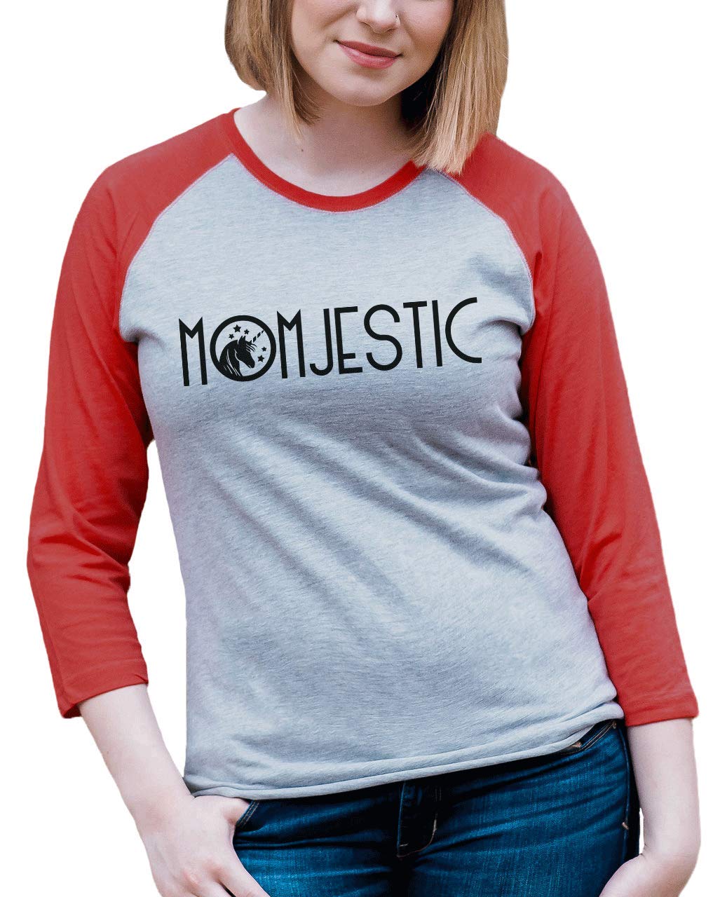 7 ate 9 Apparel Women's Momjestic Unicorn Raglan Tee - Soft & Comfortable Short Sleeve Shirt for Moms - Perfect for Casual Wear, Mother's Day Gifts & Everyday Outfits
