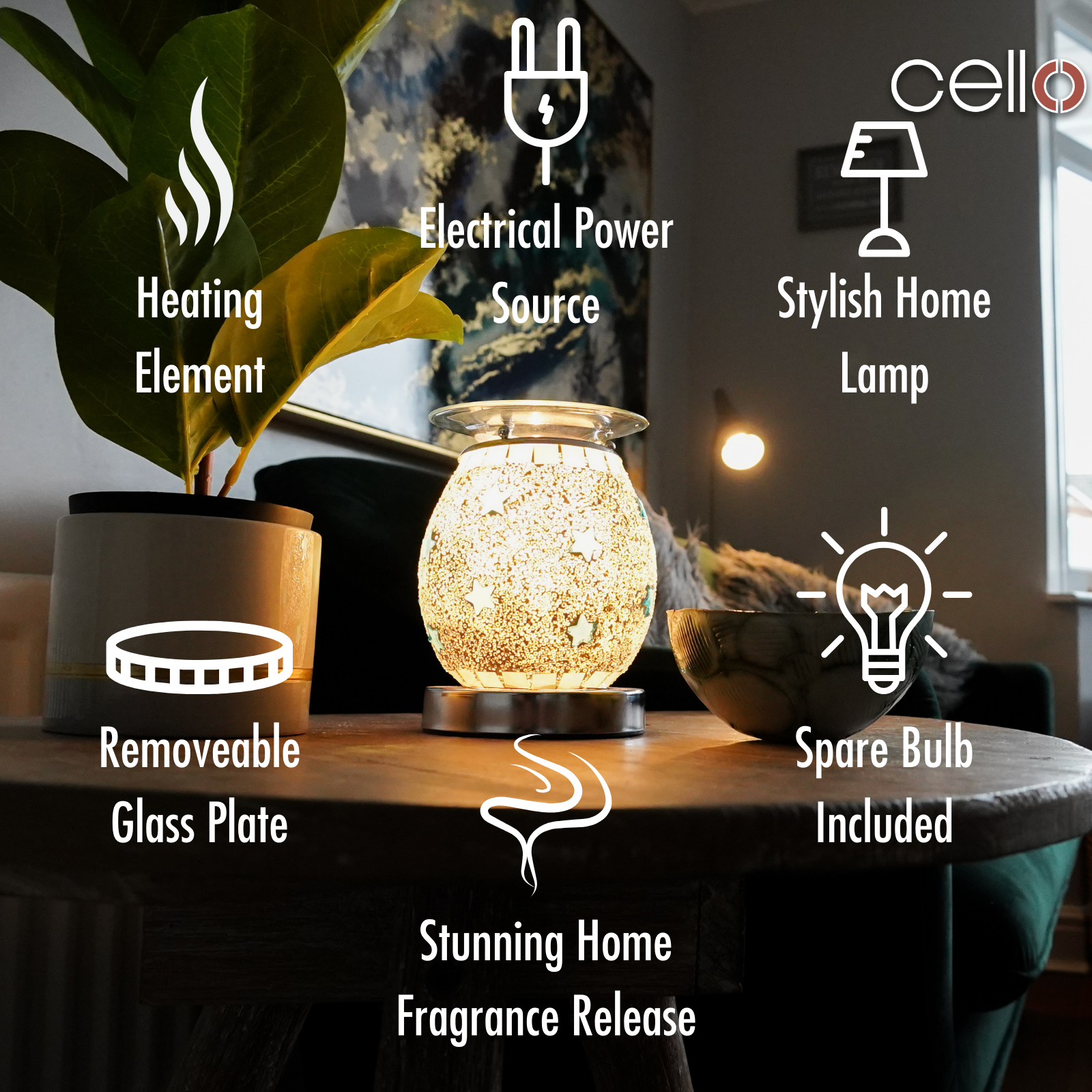 Cello Electric Wax Melter with Touch Control - Mosaic Blue Star Design for Aromatherapy & Home Fragrance