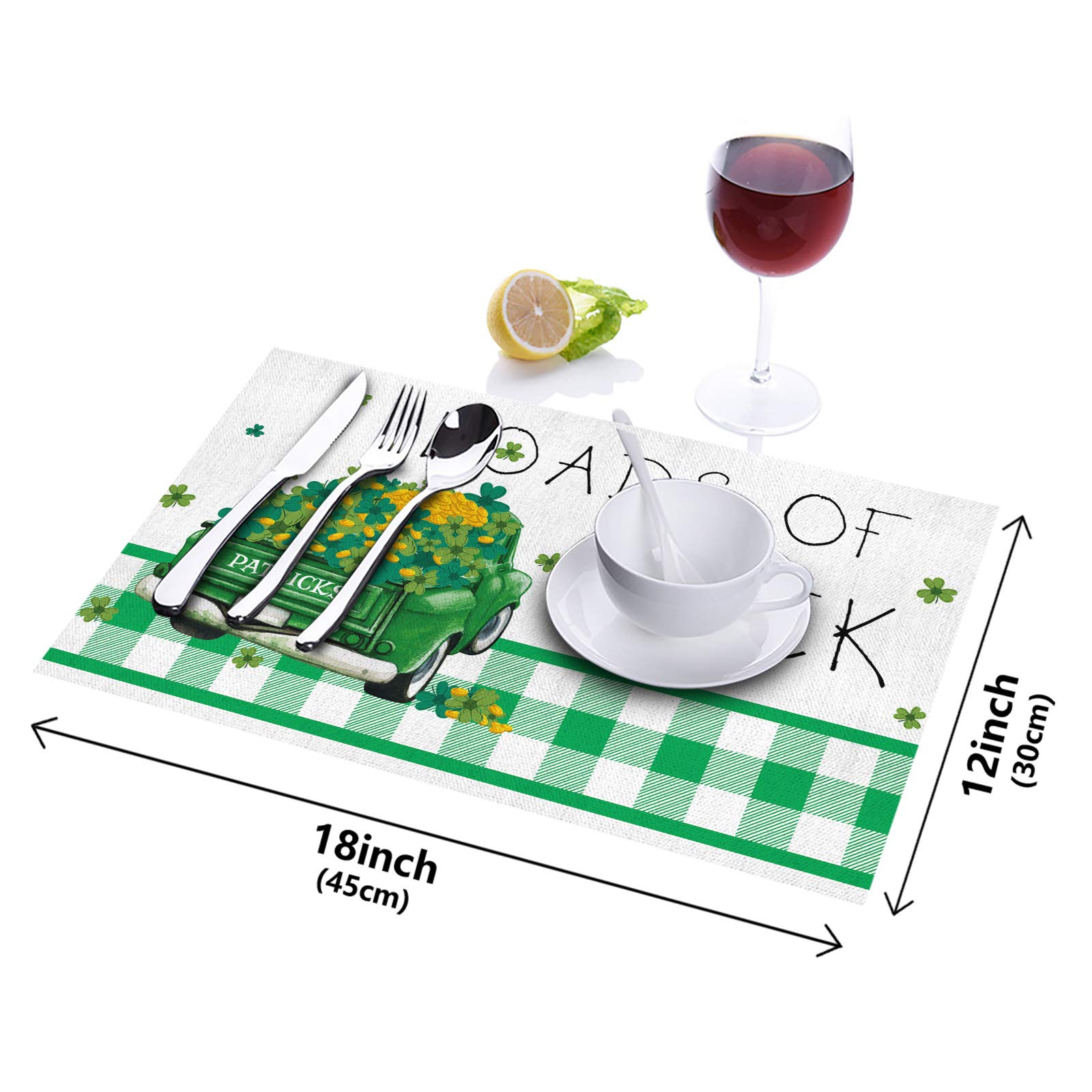 4-Pack Heat & Stain Resistant Placemats for Kitchen Dining Table - St. Patrick's Day Truck Load of Luck Shamrock Green Plaid Design - Easy to Clean - Perfect for Holiday Parties, Family Dinners & Everyday Use