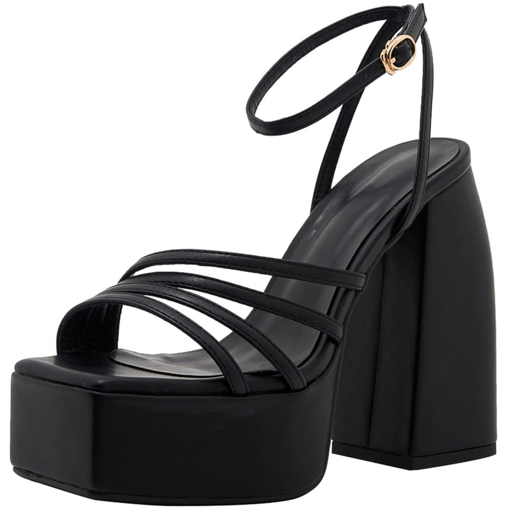 Mattiventon Women's Chunky Heel Platform Sandals with Ankle Strap & Square Toe - Strappy Summer Shoes for Casual Outfits, Beach Vacations & Date Nights