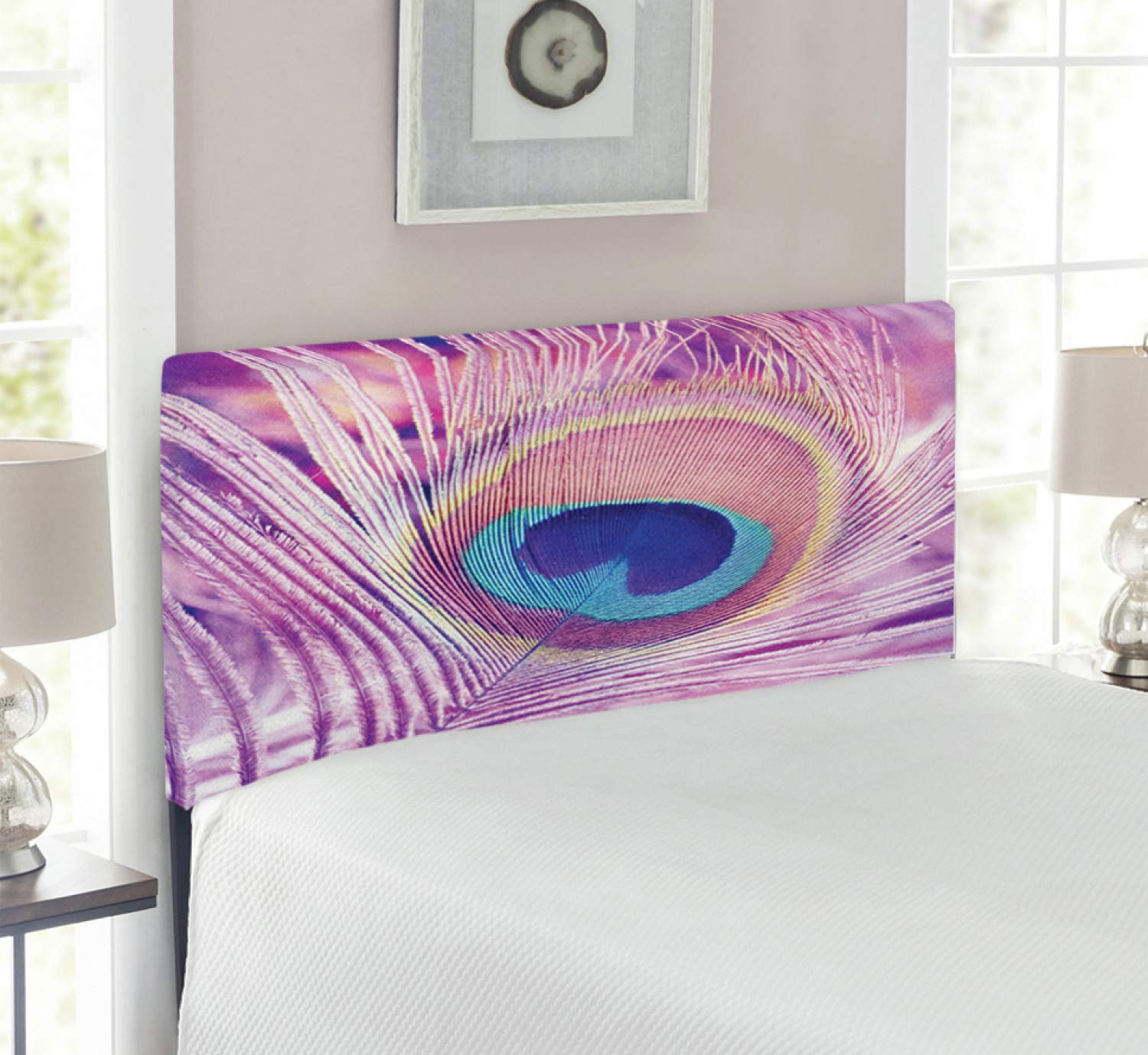 Ambesonne Bohemian Feather Headboard - Twin Size Upholstered Decorative Metal Bed Frame with Memory Foam | Peacock Bird Plume Design in Multicolor | Perfect for Boho Bedroom Decor & Guest Room Makeover