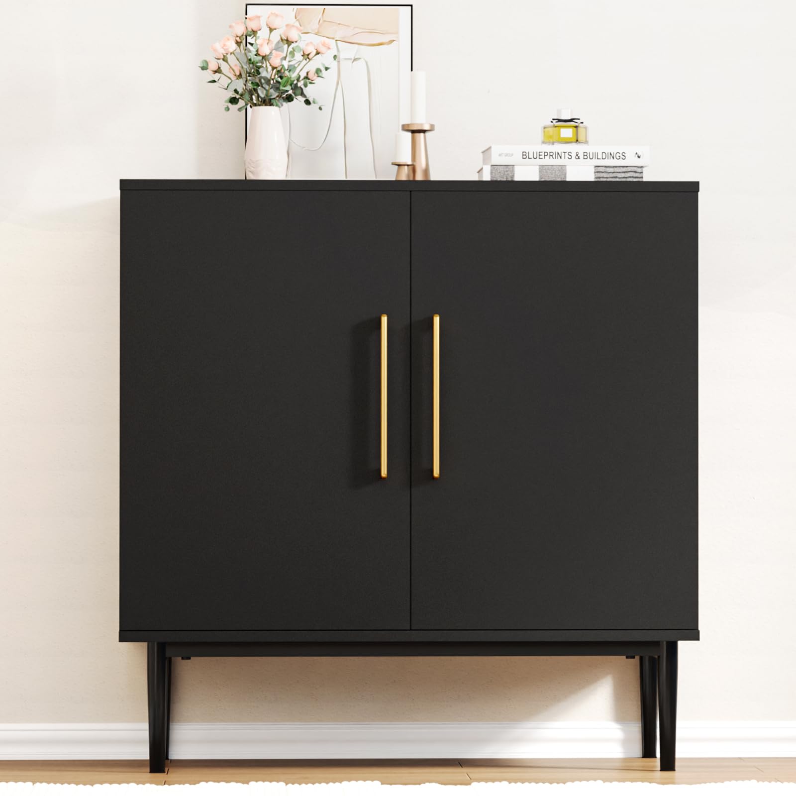 Modern Wood Storage Cabinet - Free Standing Buffet Sideboard with Wood Accent for Living Room, Hallway, Entryway, Dining Room & Bedroom - Stylish Black Storage Solution for Home Organization & Decor