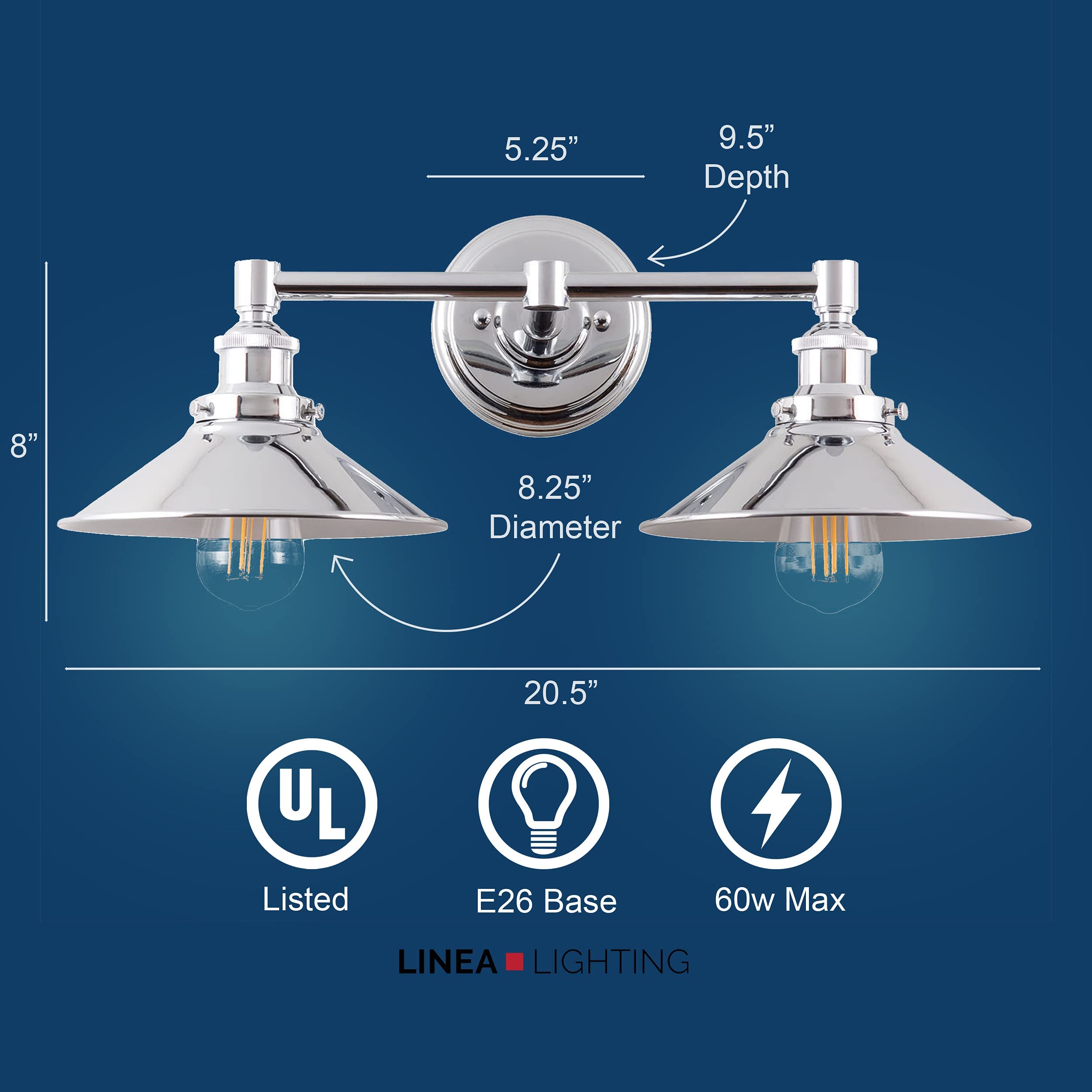 Liara Andante 2-Light Industrial Vanity Light in Polished Chrome - Farmhouse Bathroom Lighting Fixture with Bulbs Included - Perfect for Mirror Lighting, Powder Rooms & Modern Farmhouse Decor
