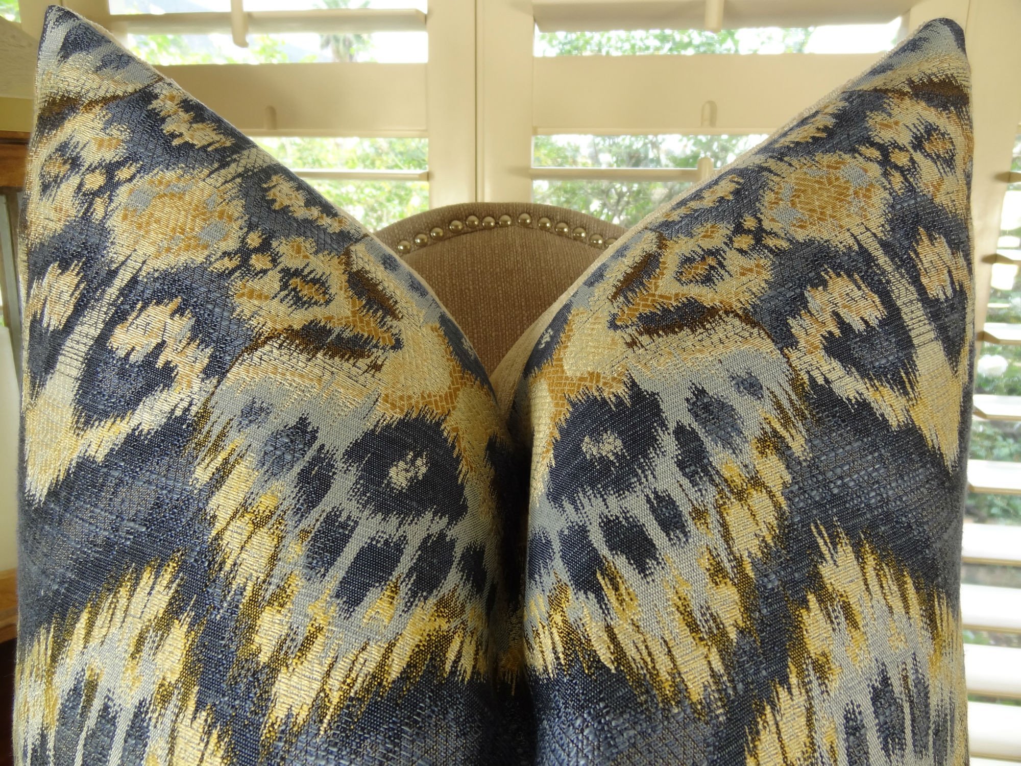 Designer Zig Zag Ikat Throw Pillow - Navy Blue Tan Indigo Wavy Pattern Accent Cushion - Modern Handmade Pillow Cover Made in USA - Perfect for Sofa, Bedroom Decor and Living Room Styling