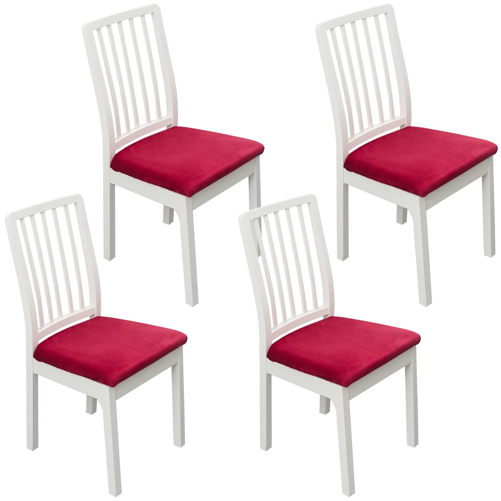 Premium Velvet Dining Chair Seat Covers - Soft Plush Stretch Fitted Slipcovers for Dining Room, Kitchen & Office Chairs - Washable & Removable Upholstery Protector (Wine Red, Set of 4) - Perfect for Home, Hotel & Restaurant Decor