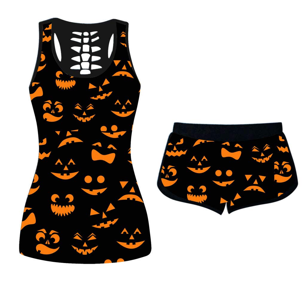 Women's Halloween Printed Sleeveless Top & Shorts Set - Cute Costume Outfit for Halloween Parties, Cosplay & Festive Events