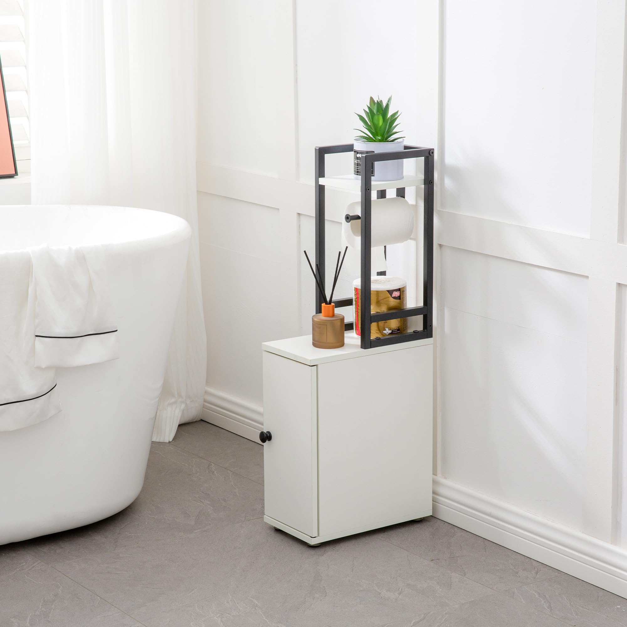 Small Narrow Bathroom Storage Cabinet with Toilet Paper Roll Holder - Slim Metal Frame Bath Organizer for Toilet Paper & Bath Essentials - Perfect for Compact Bathrooms, Powder Rooms & RV Baths - White