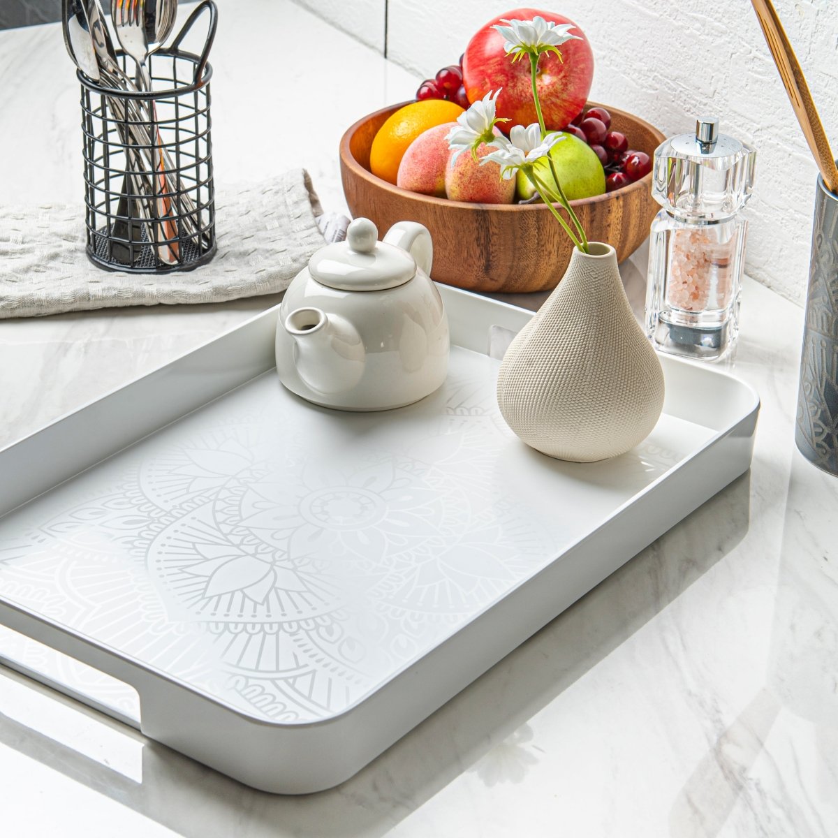 La La Mandala Melamine 11.5 x 16 Inch White Gallery Serving Tray | Decorative Tray for Home Decor, Dining Table Centerpiece, and Wall Display