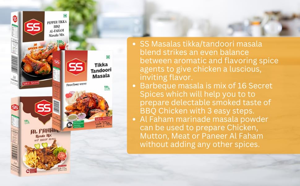 SS MASALAS BBQ Masala Combo Pack - Al Faham Masala, Barbeque Chicken Masala & Tikka Tandoori Masala Powder | 3 Premium Indian Spice Blends (100g Each) | Ready-to-Use Seasoning Mix for Grilling, Roasting & Tandoori Cooking | Perfect for BBQ, Chicken Dishes & Indian Cuisine