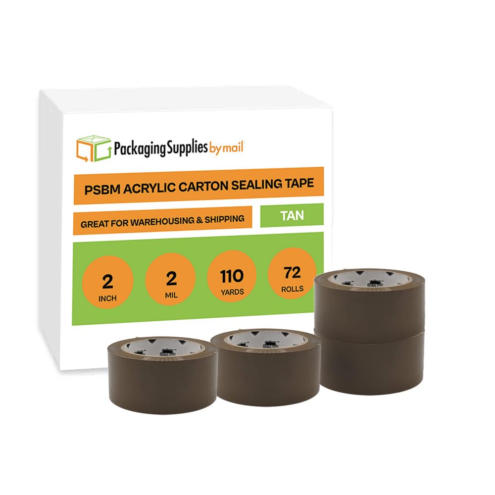 PSBM 2 Inch x 110 Yards Brown Packing Tape - 72 Pack Tan 2 Mil Adhesive Shipping Tape for Dispenser Refill | Perfect for Moving Boxes, Storage Sealing & Ecommerce Packaging