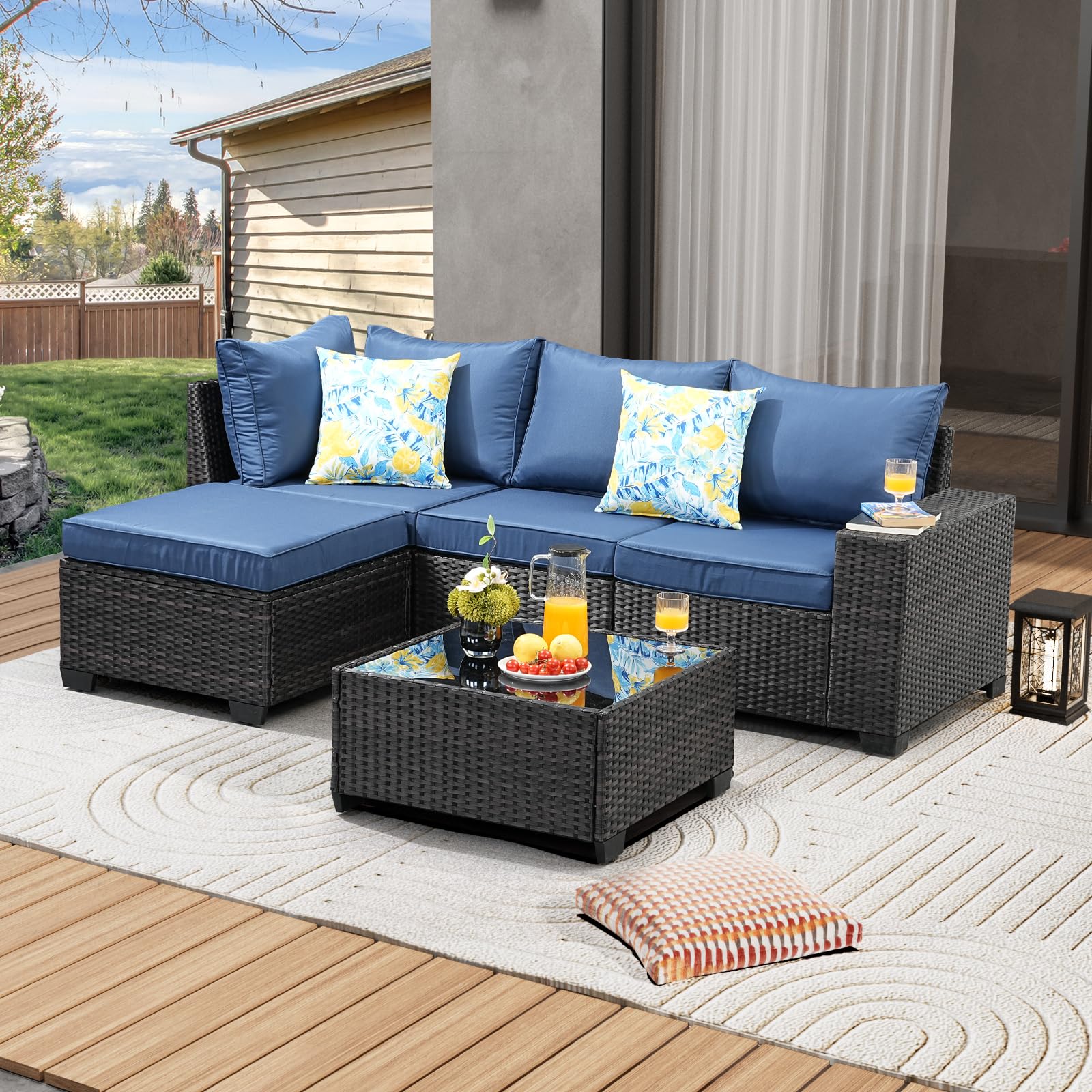 5-Piece All-Weather Outdoor Wicker Patio Furniture Set - Navy Rattan Sectional Sofa with Cushions, Glass Coffee Table & Ottoman - Perfect for Porch, Poolside, Garden or Backyard Relaxation