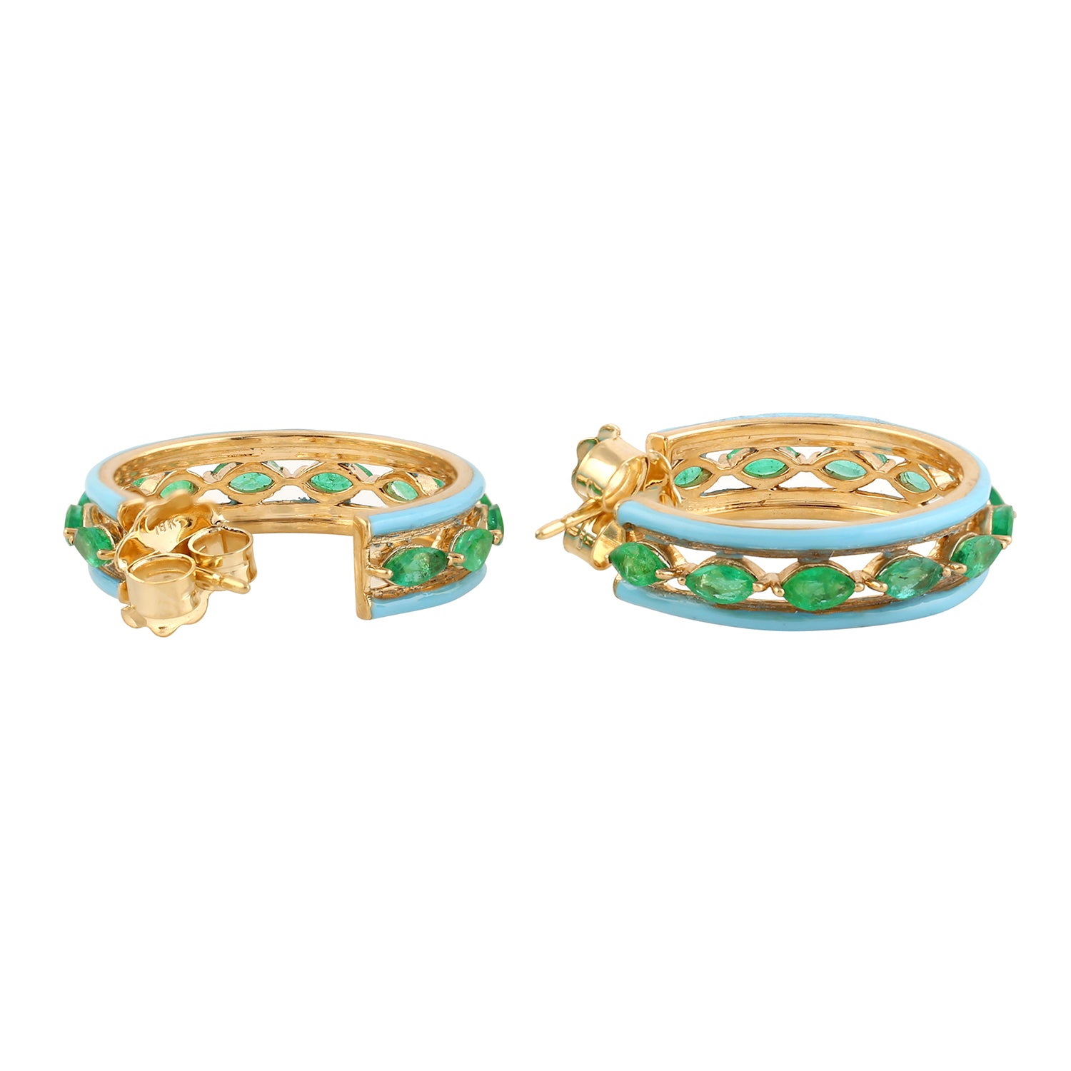 18K Yellow Gold Marquise Cut Emerald Gemstone Enamel Hoop Earrings - Elegant Jewelry for Weddings, Parties & Special Occasions