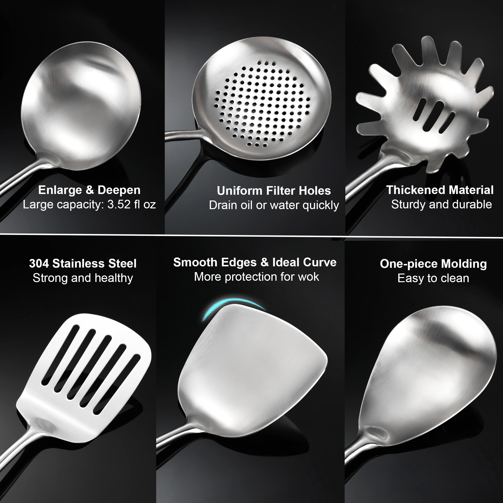 Premium 6-Piece Stainless Steel Kitchen Utensil Set with Wooden Handle - Wok Spatula, Ladle, Skimmer, Slotted Turner, Spaghetti Spoon & Large Spoon for Cooking, Frying & Serving - Ideal for Home Chefs & Restaurant Use