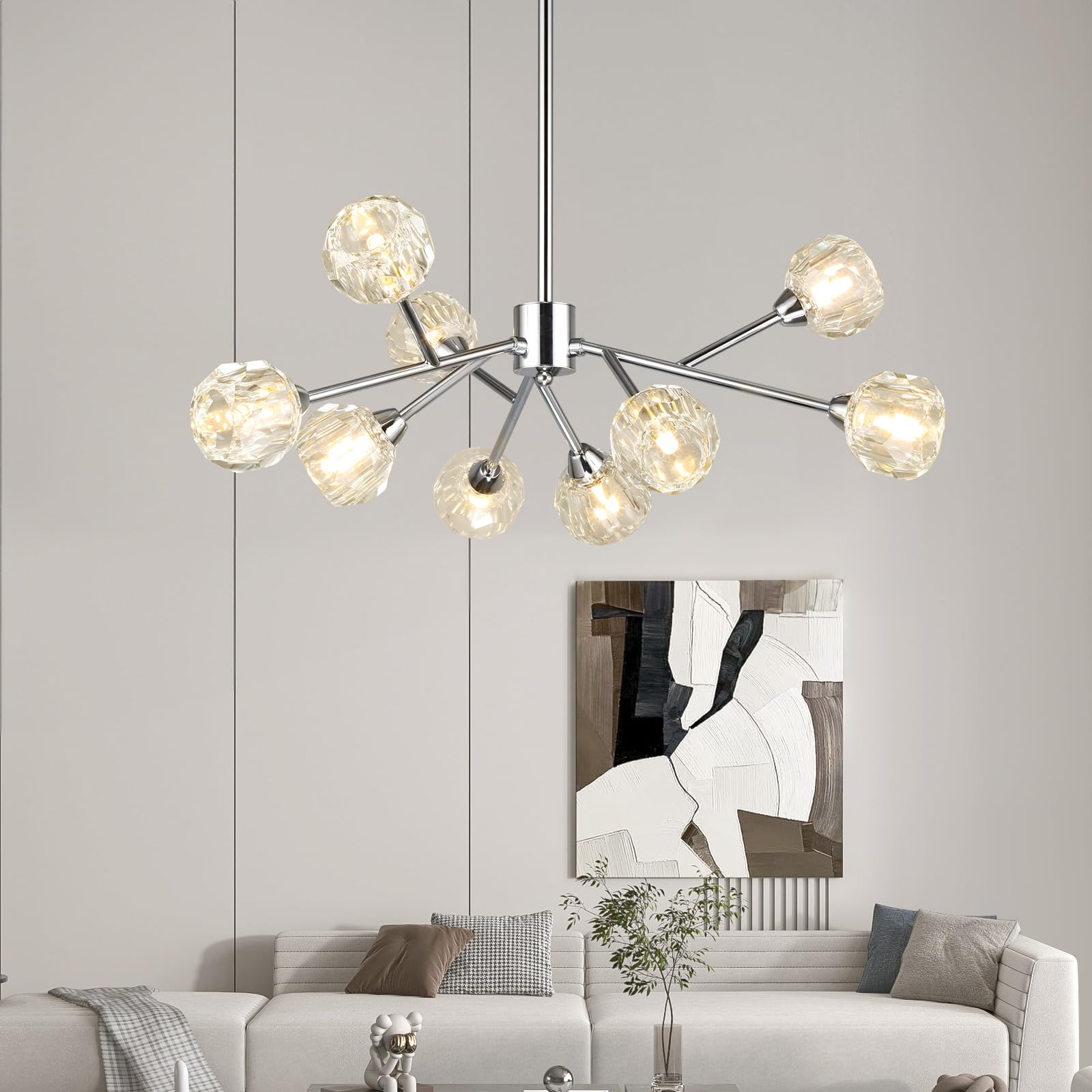 Modern Crystal Sputnik Chandelier - 9-Light Chrome Dining Room Light Fixture for Kitchen Island, Living Room & Bedroom | Elegant Lighting for Home Decor, Dinner Parties & Interior Design