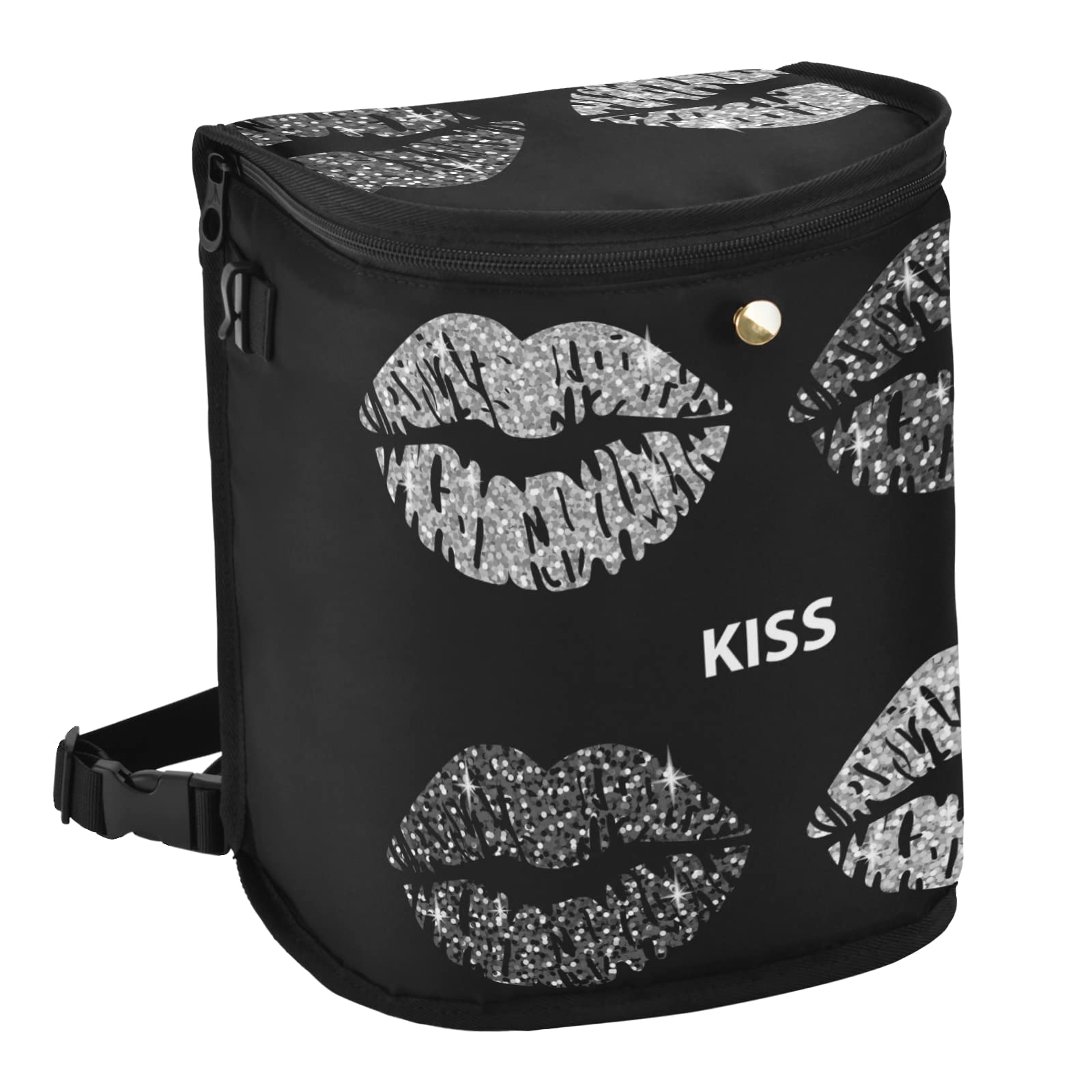 Glitter Kisses Silver White Sexy Woman Lips Dark Car Trash Can - Leak Proof Hanging Garbage Bin with Lid, Waterproof Storage Bag for Truck & Minivan - Perfect for Road Trips, Commuting & Keeping Your Vehicle Clean