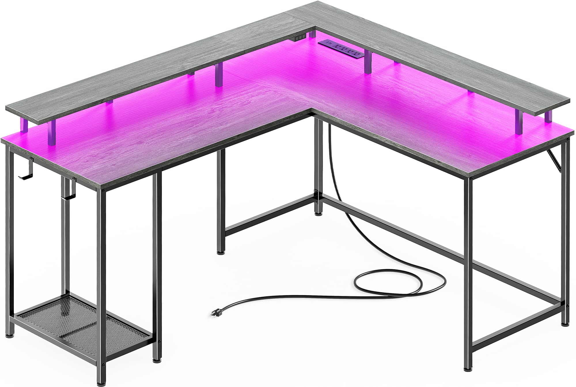 SUPERJARE L-Shaped Gaming Desk with LED Lights & Power Outlets, Computer Desk with Monitor Stand & Headphone Hooks, Home Office Corner Desk (Grey) - Perfect for PC Gaming Setup, Streaming & Remote Workstations