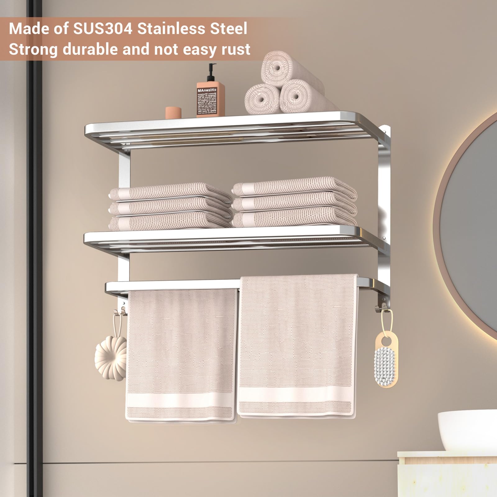 3-Tier Stainless Steel Wall-Mounted Towel Rack for Bathroom - 23 Inch Multilayer Hotel Towel Shelf with Brushed Finish - Perfect for Bathroom Organization, Spa, and Luxury Hotel Decor