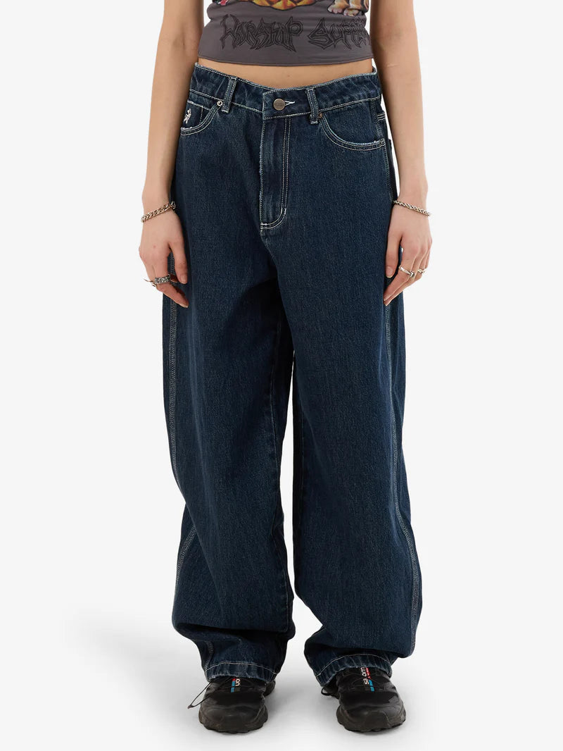 Cute But Psycho Big Baggy Jeans - Dirty Midnight Blue Distressed Denim Pants for Women | Trendy Streetwear & Casual Outfit