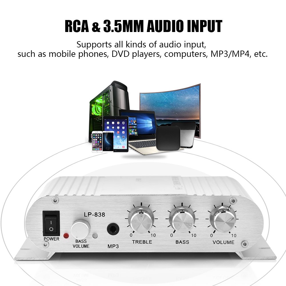 ASHATA 2.1 Channel Digital Power Amplifier - Mini HiFi Stereo Bass Audio Amplifier for Car & Home with 3.5mm Input & Speaker Output - Perfect for Car Audio Systems, Home Theater, and Music Listening