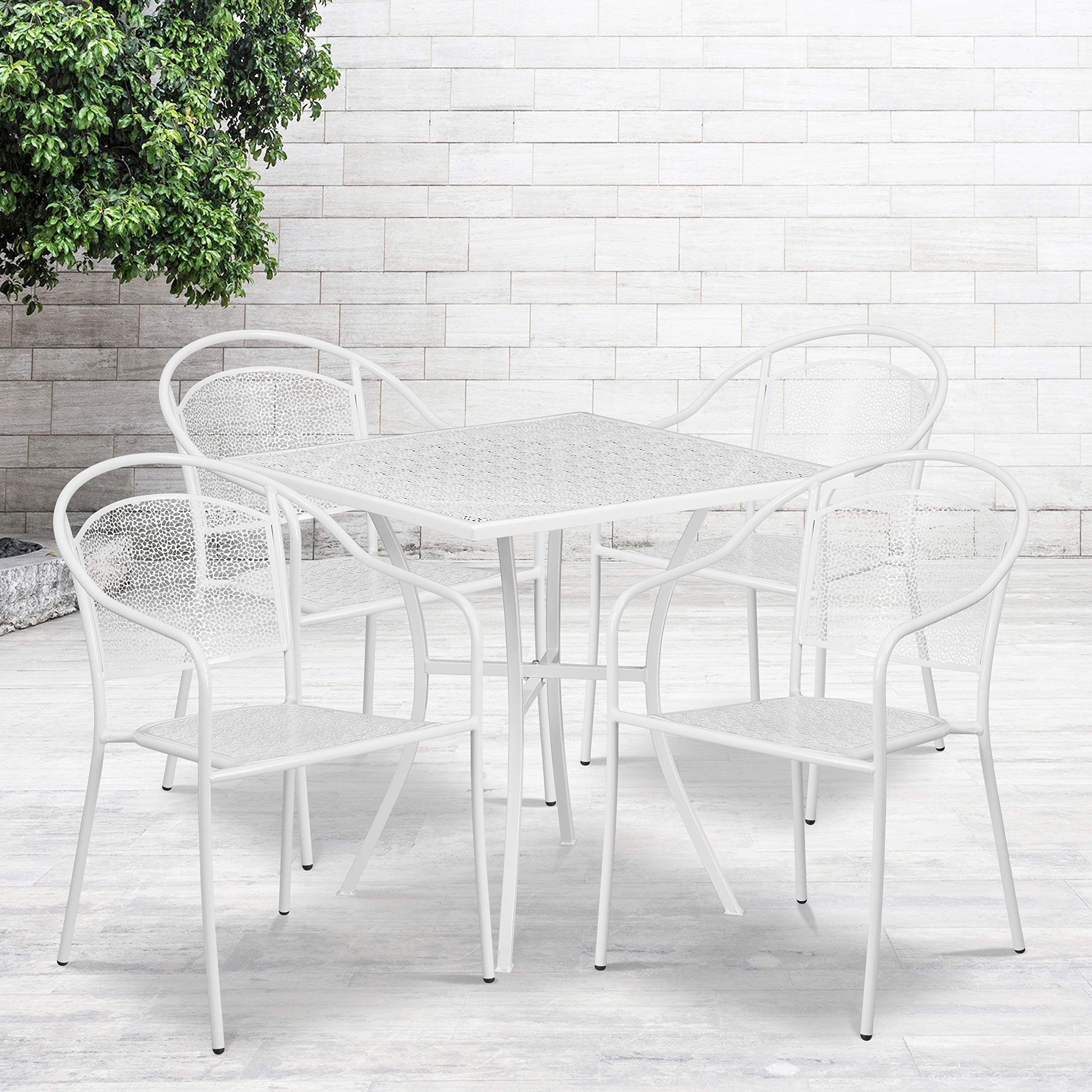 EMMA + OLIVER 28 Inch Square White Outdoor Patio Dining Table Set with 4 Round Back Chairs - Commercial Grade Weather-Resistant Furniture for Garden, Poolside, Restaurant & Backyard Entertaining