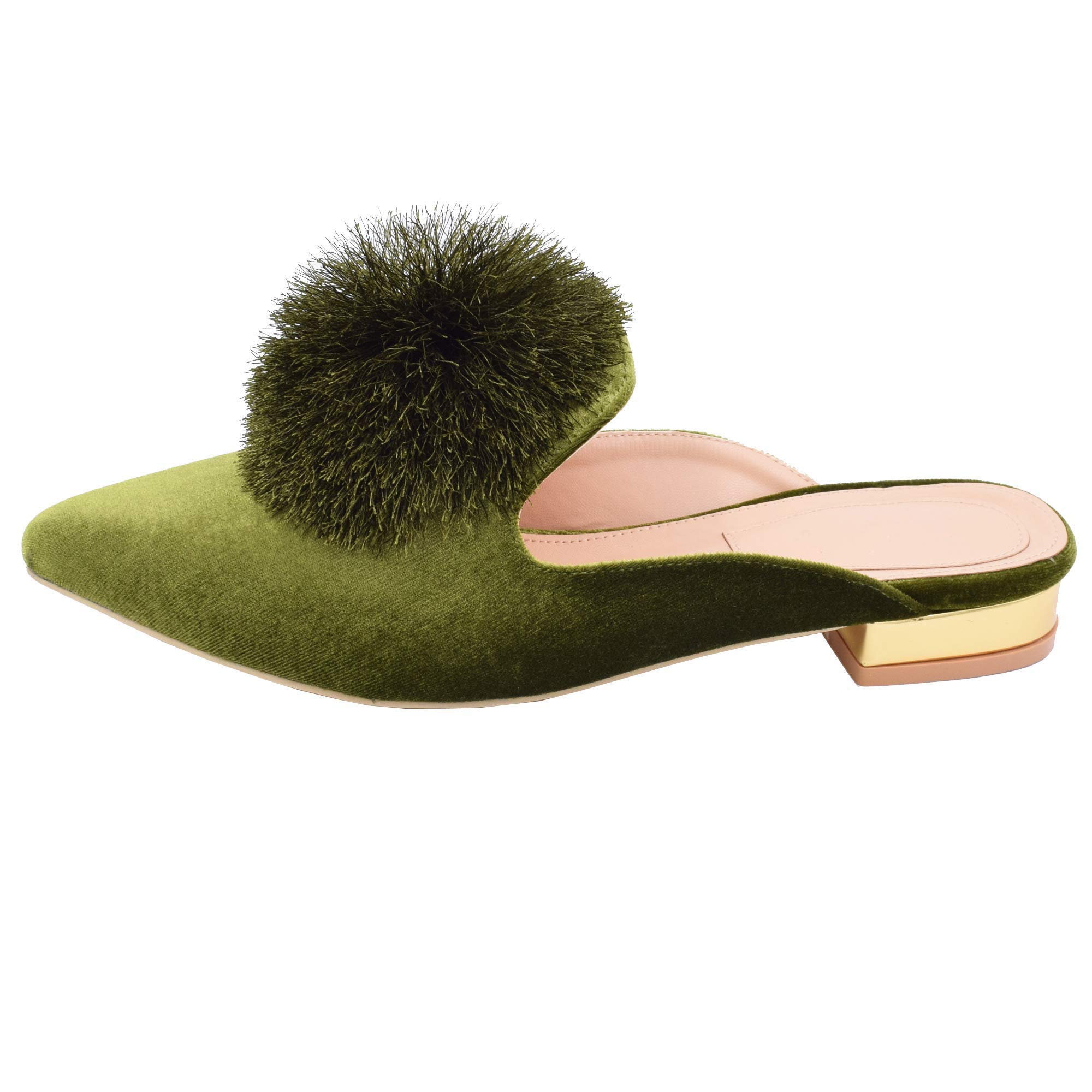 Fericzot Women's Slip On Mule Loafers - Backless Pointed Toe Flats with Puff Pompom Detail - Comfortable Casual Shoes & House Slippers for Women - Perfect for Home, Office, and Daily Wear