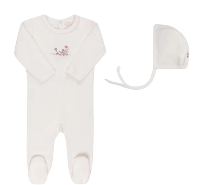 ELY & CO Velour Embroidered Flower Footie with Bow (1M-6M) - Soft & Cozy Baby Socks for Newborns, Infants - Perfect for Everyday Wear, Photo Shoots & Special Occasions